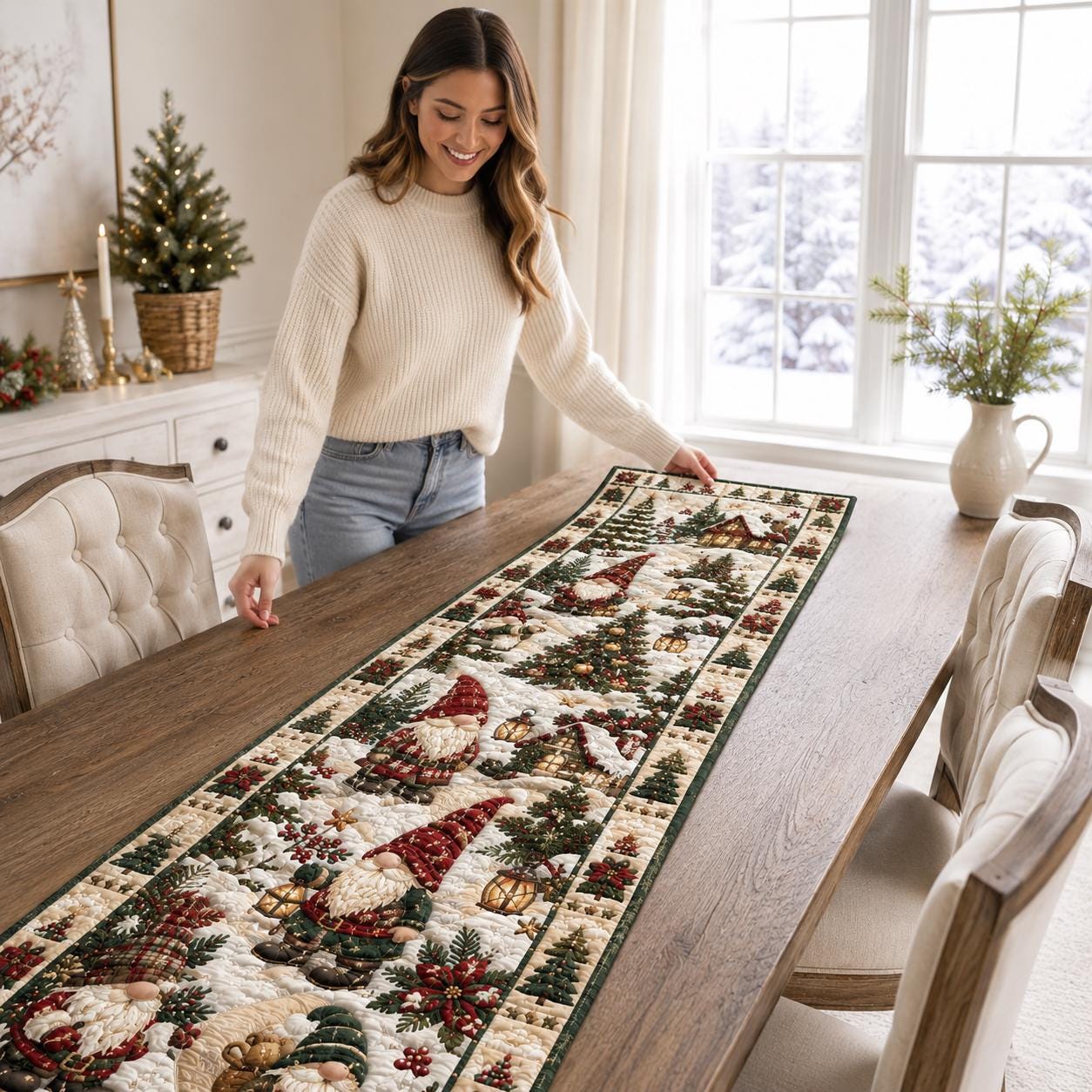 Quilt Style Christmas Gnome and Winter Snow Village Table Runner, Blue Farmhouse Holiday Dining Centerpiece Decor - photo 6