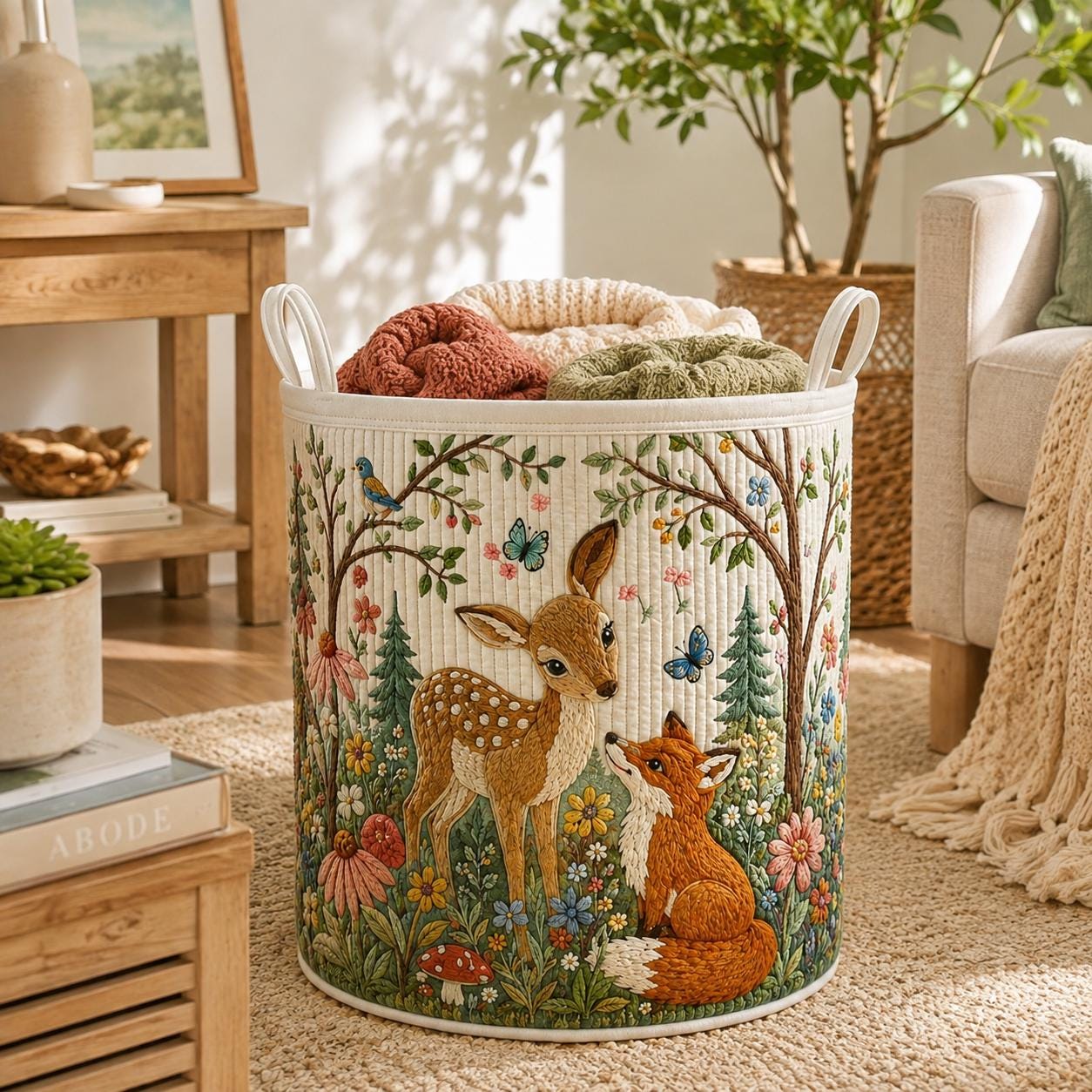 Quilted Style Woodland Fox and Deer Laundry Basket Storage Hamper for Kids, Forest Clothes Nursery Decorations and Baby Shower Gift