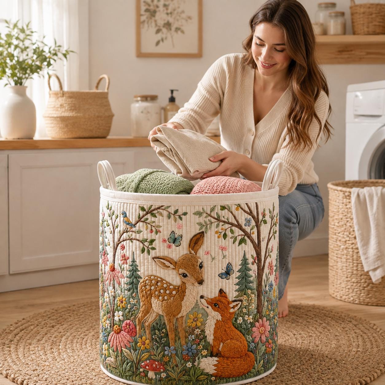 Quilted Style Woodland Fox and Deer Laundry Basket Storage Hamper for Kids, Forest Clothes Nursery Decorations and Baby Shower Gift - photo 2