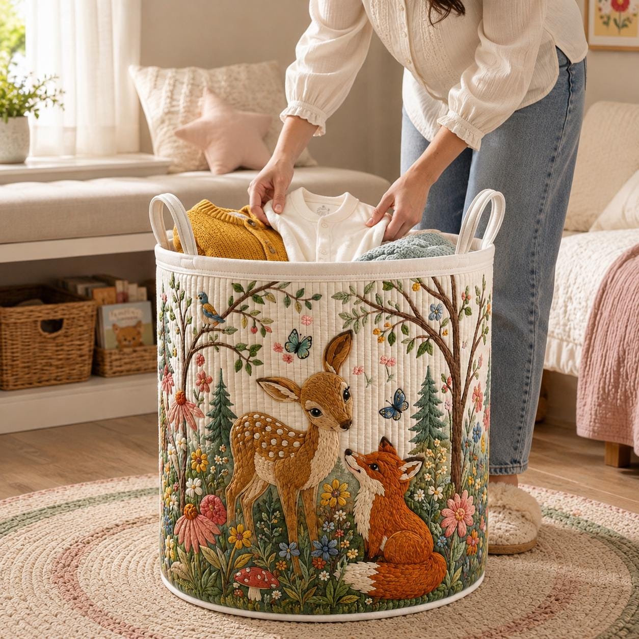 Quilted Style Woodland Fox and Deer Laundry Basket Storage Hamper for Kids, Forest Clothes Nursery Decorations and Baby Shower Gift - photo 3