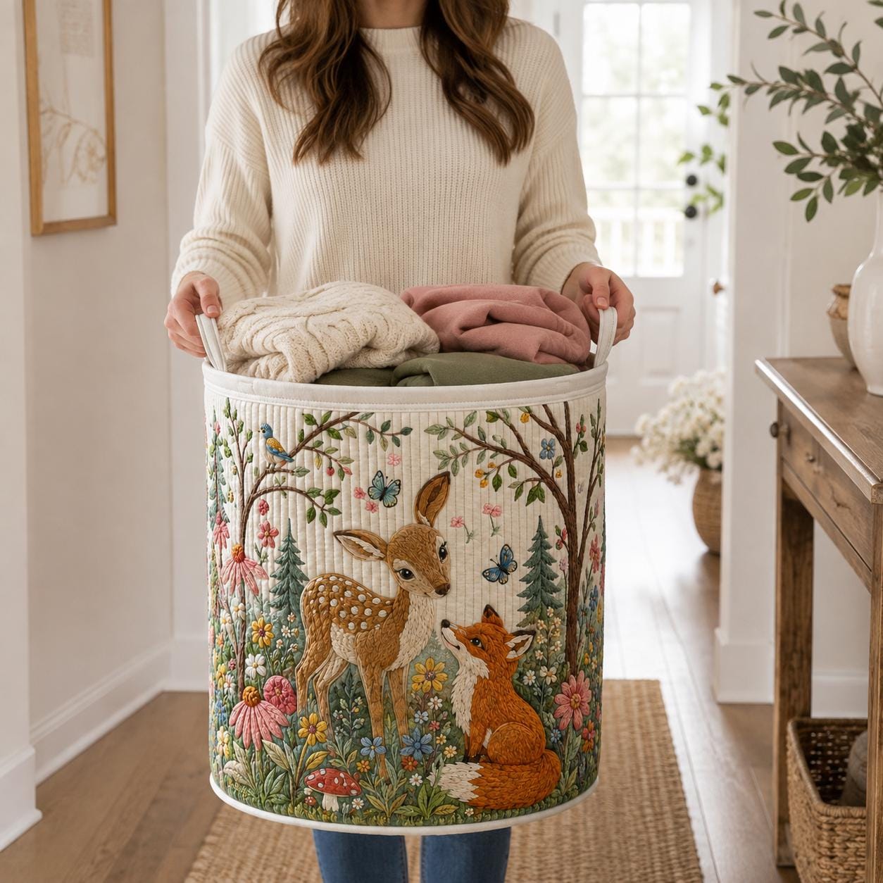 Quilted Style Woodland Fox and Deer Laundry Basket Storage Hamper for Kids, Forest Clothes Nursery Decorations and Baby Shower Gift - photo 4