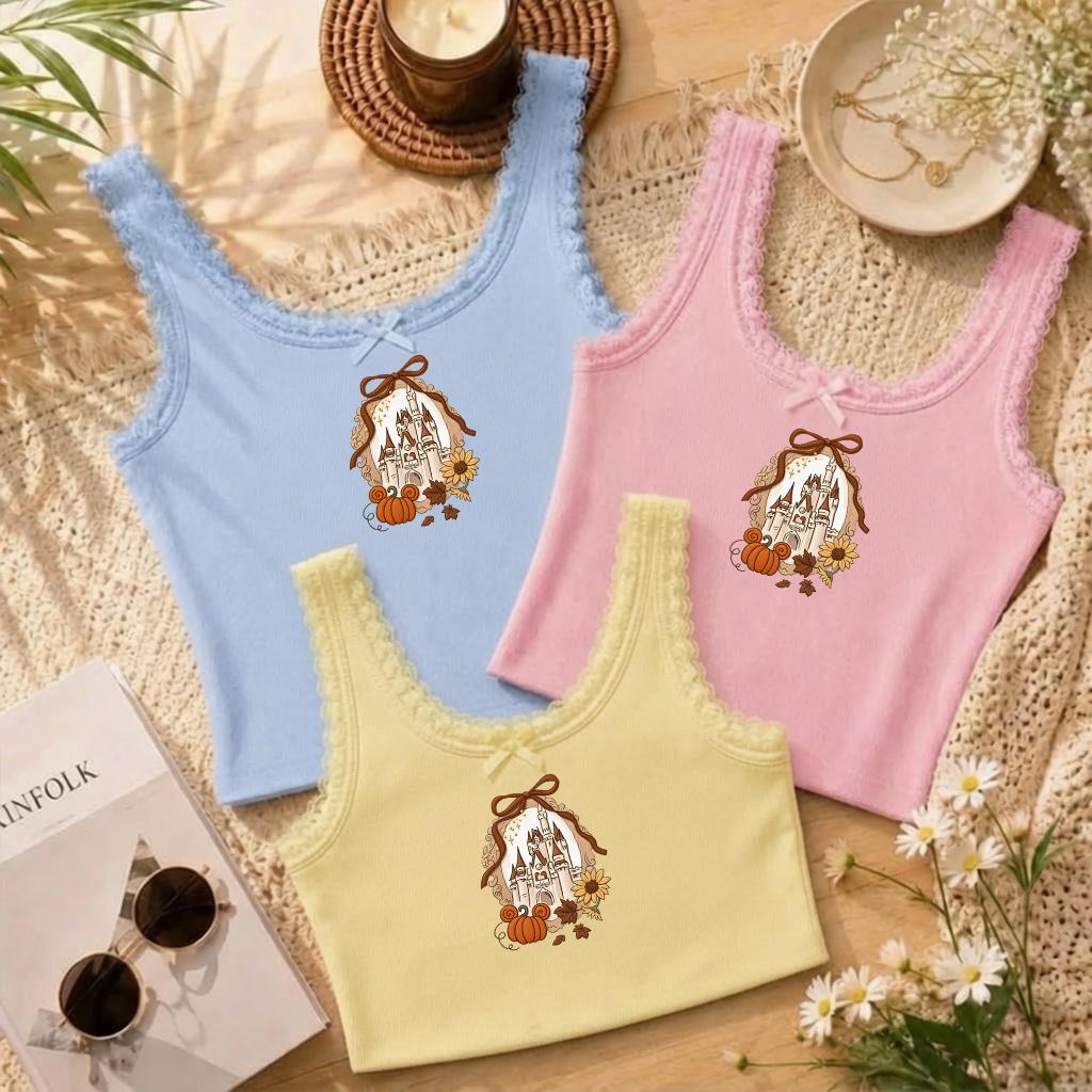 Embroidered Coquette Bow Disney Fall Castle Lace Trim Tank Top – Mickey Autumn Pumpkin Season Baby Tee Crop Top for WDW Disneyland Fall - photo 3