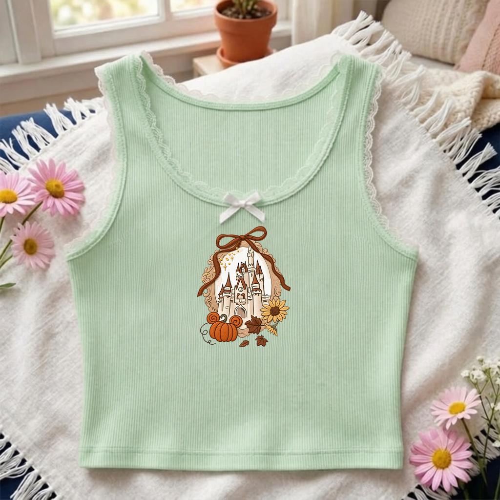 Embroidered Coquette Bow Disney Fall Castle Lace Trim Tank Top – Mickey Autumn Pumpkin Season Baby Tee Crop Top for WDW Disneyland Fall - photo 5