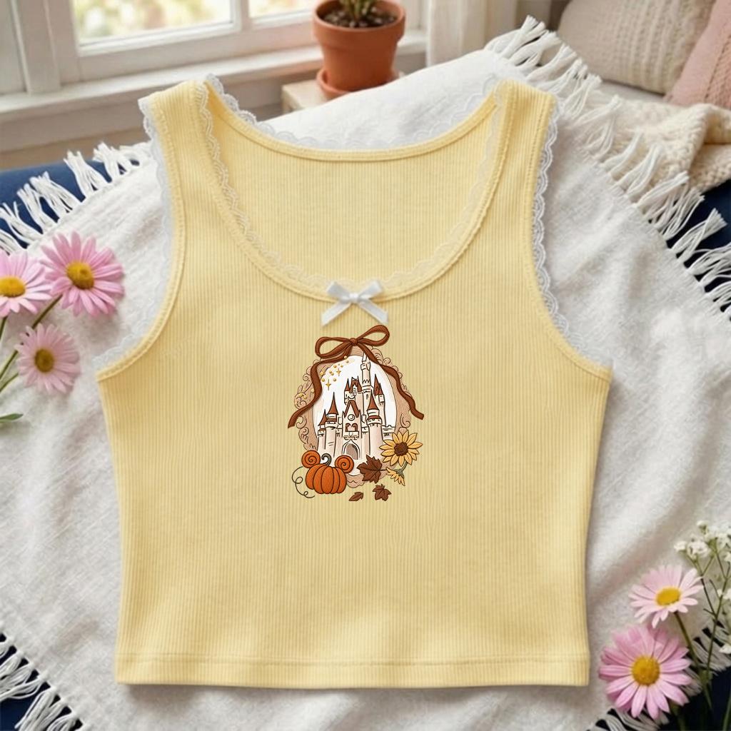 Embroidered Coquette Bow Disney Fall Castle Lace Trim Tank Top – Mickey Autumn Pumpkin Season Baby Tee Crop Top for WDW Disneyland Fall - photo 6