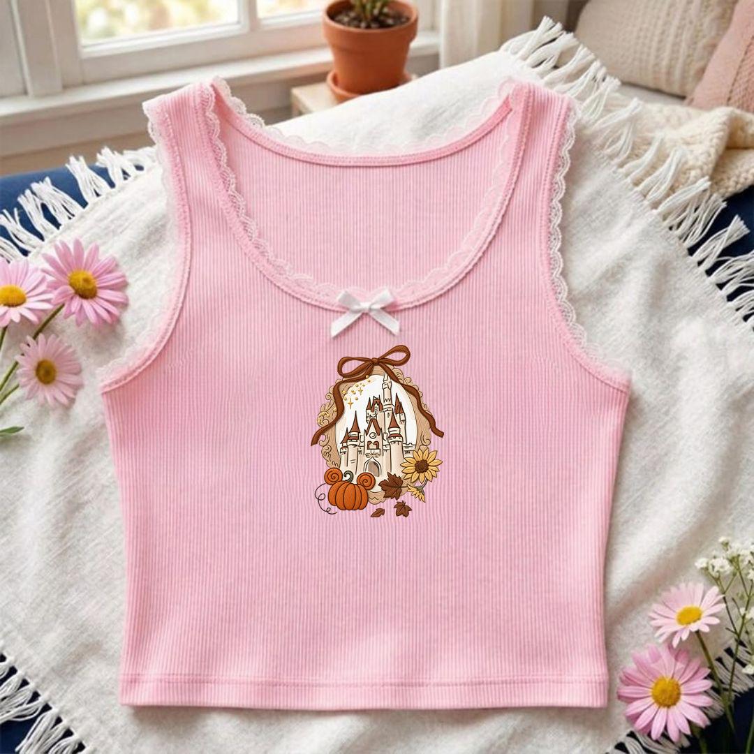 Embroidered Coquette Bow Disney Fall Castle Lace Trim Tank Top – Mickey Autumn Pumpkin Season Baby Tee Crop Top for WDW Disneyland Fall - photo 7