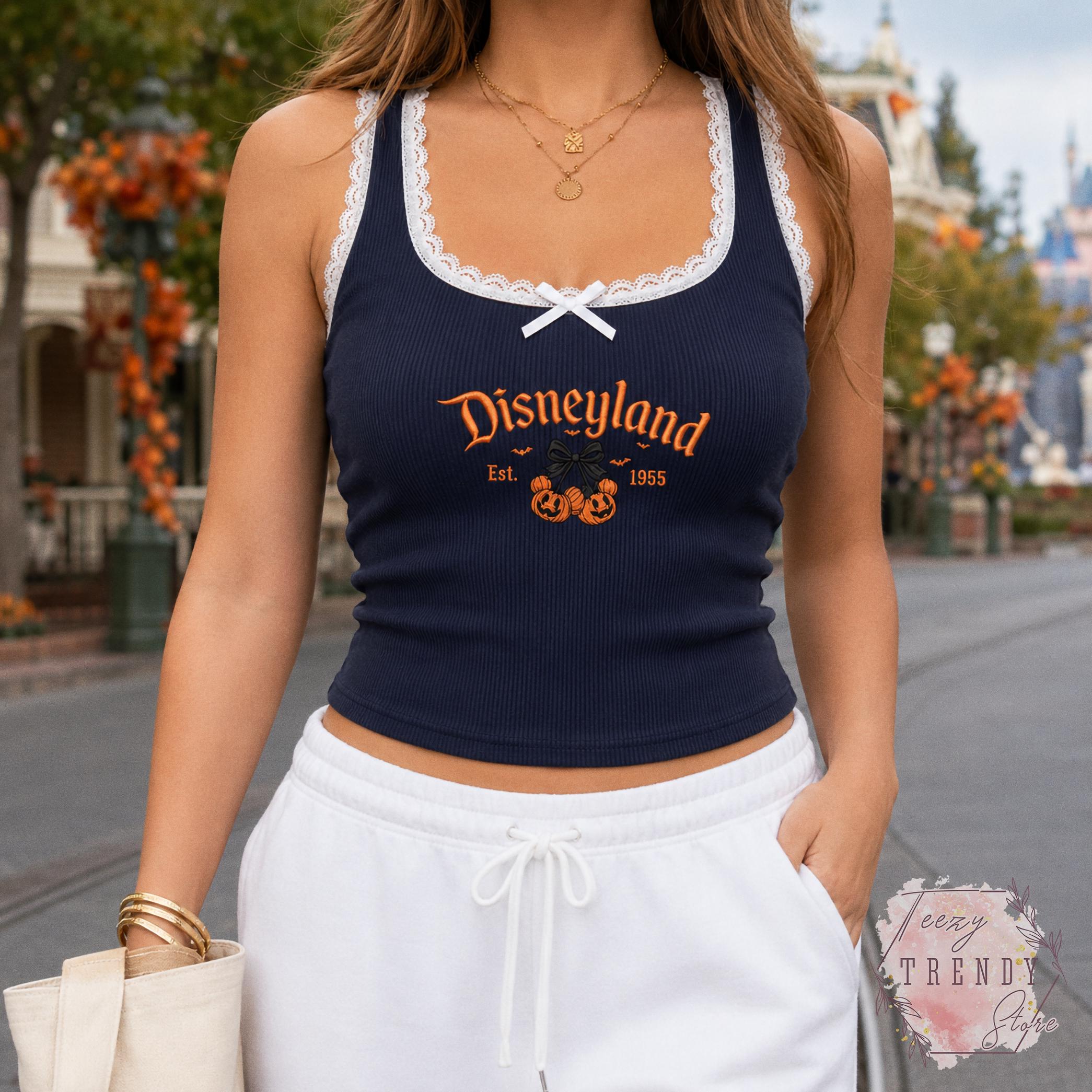 Embroidered Coquette Bow Mickey Minnie Pumpkin Disney Halloween Lace Trim Tank Top – Women's Baby Tank for WDW Disneyland Embroidery - photo 3