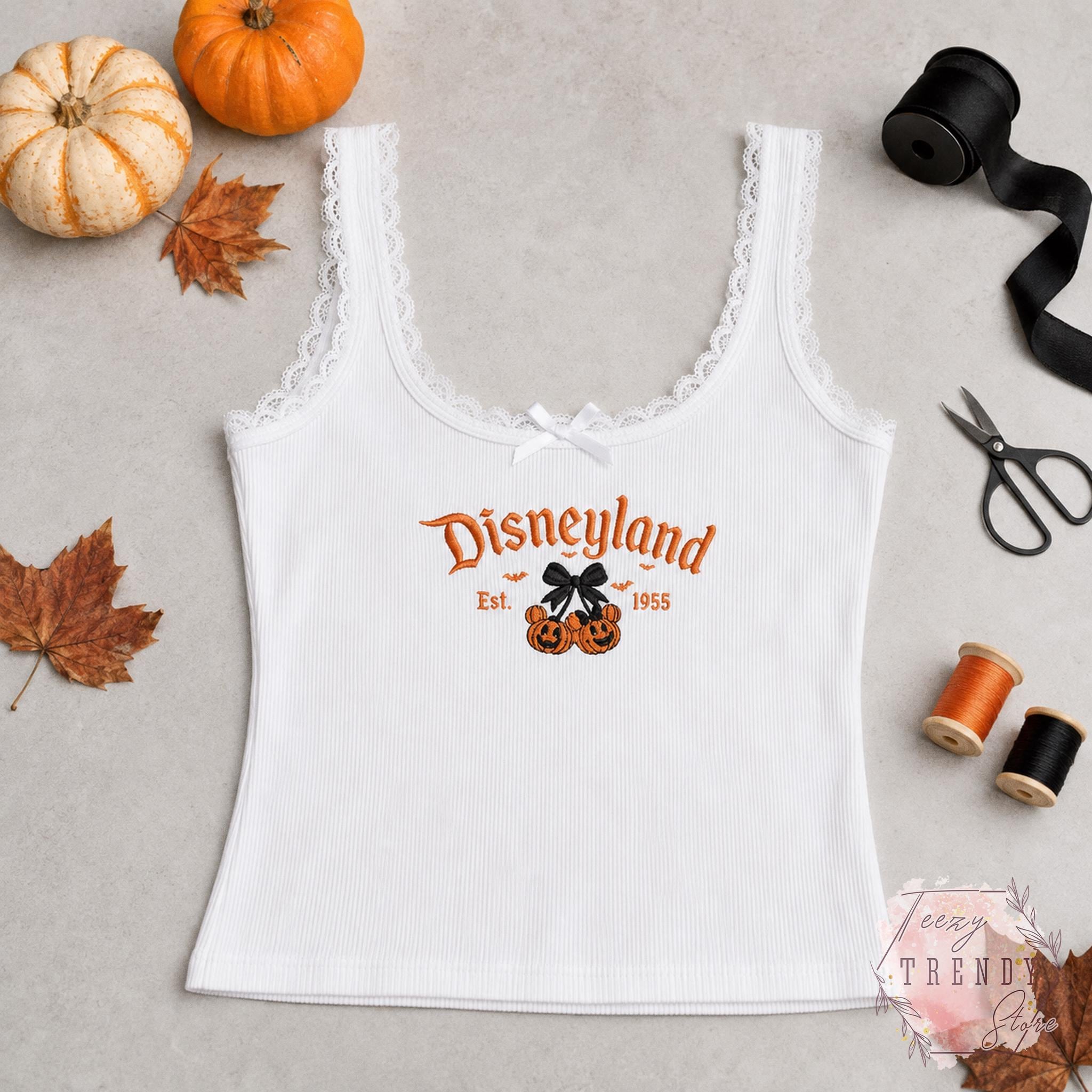 Embroidered Coquette Bow Mickey Minnie Pumpkin Disney Halloween Lace Trim Tank Top – Women's Baby Tank for WDW Disneyland Embroidery - photo 7