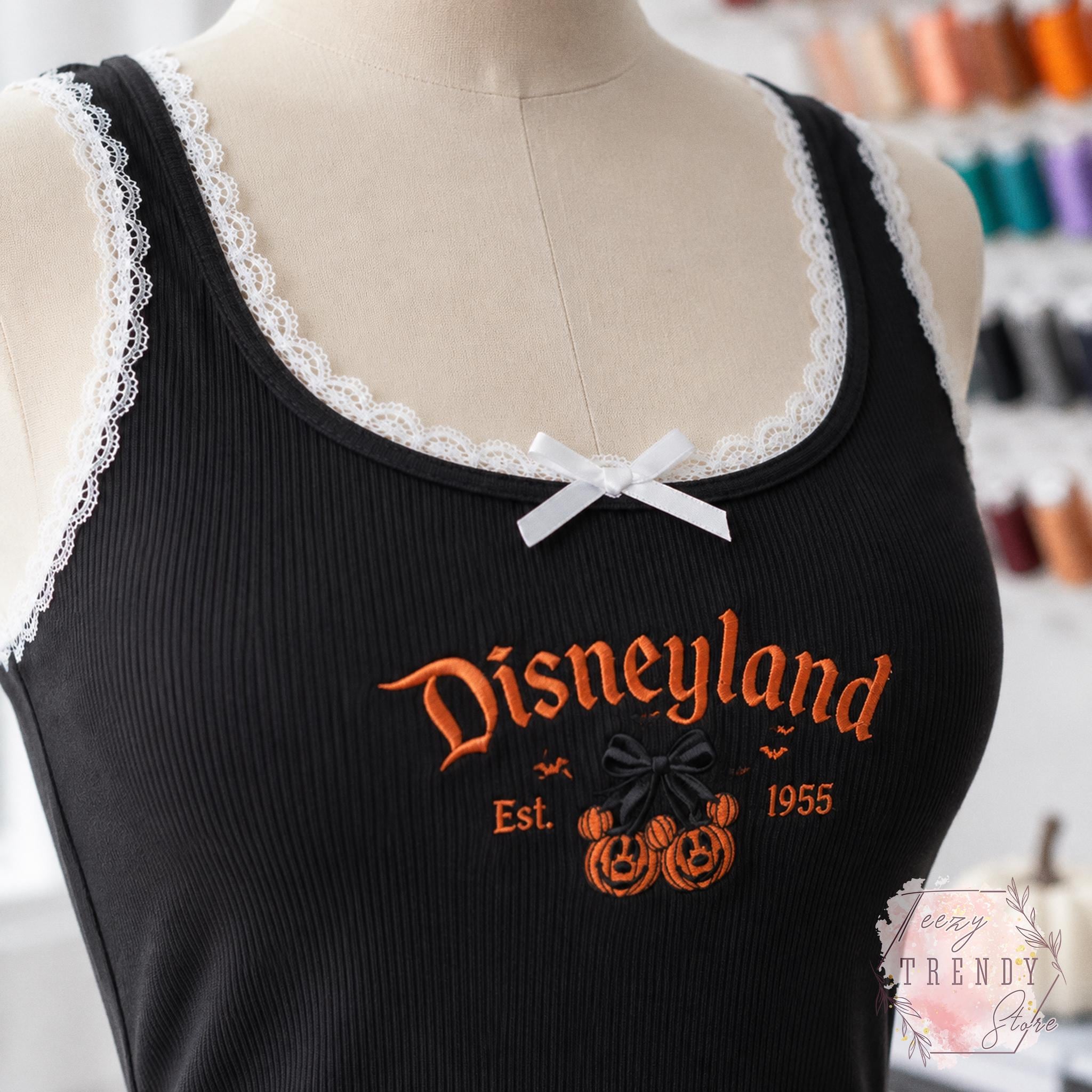 Embroidered Coquette Bow Mickey Minnie Pumpkin Disney Halloween Lace Trim Tank Top – Women's Baby Tank for WDW Disneyland Embroidery - photo 8