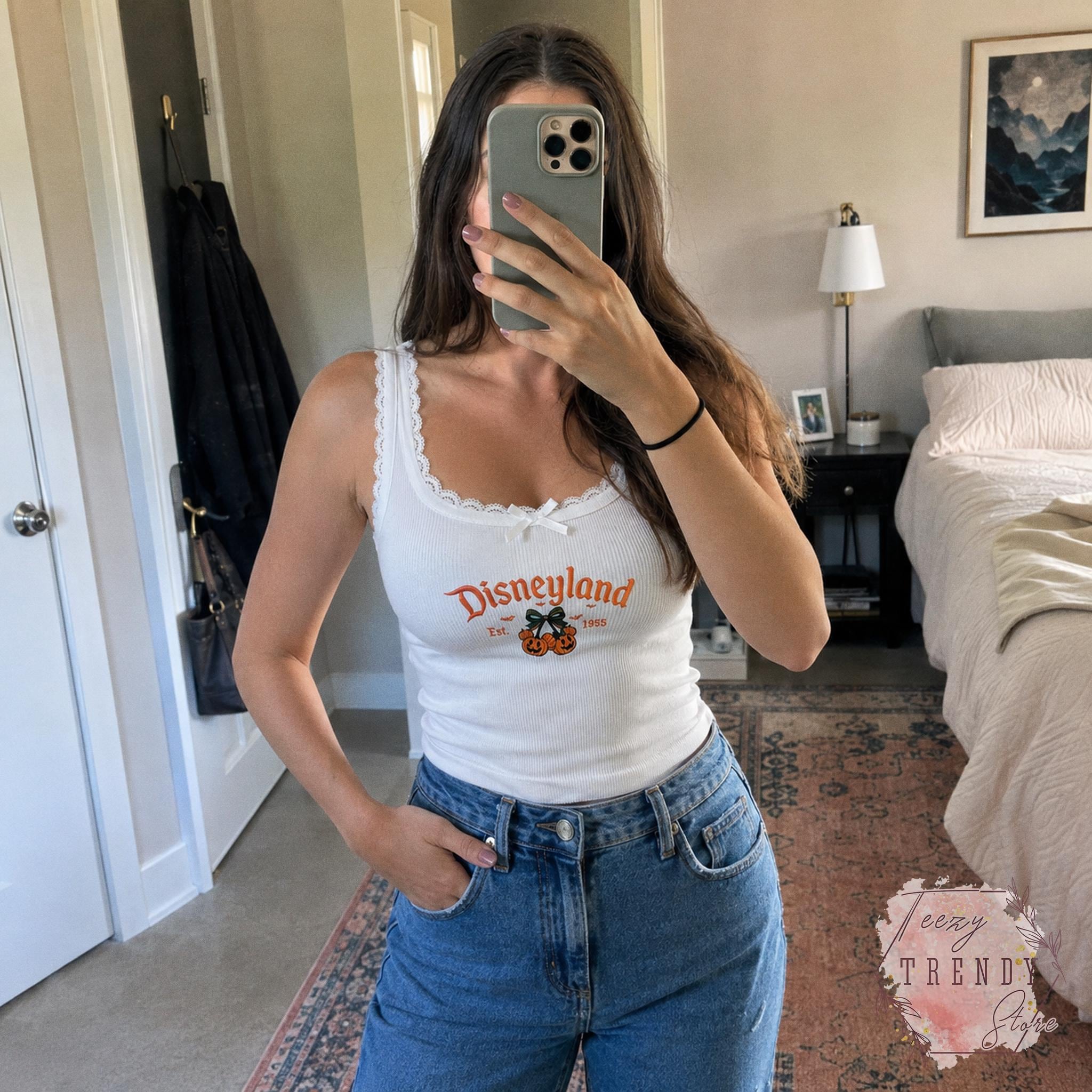 Embroidered Coquette Bow Mickey Minnie Pumpkin Disney Halloween Lace Trim Tank Top – Women's Baby Tank for WDW Disneyland Embroidery - photo 10