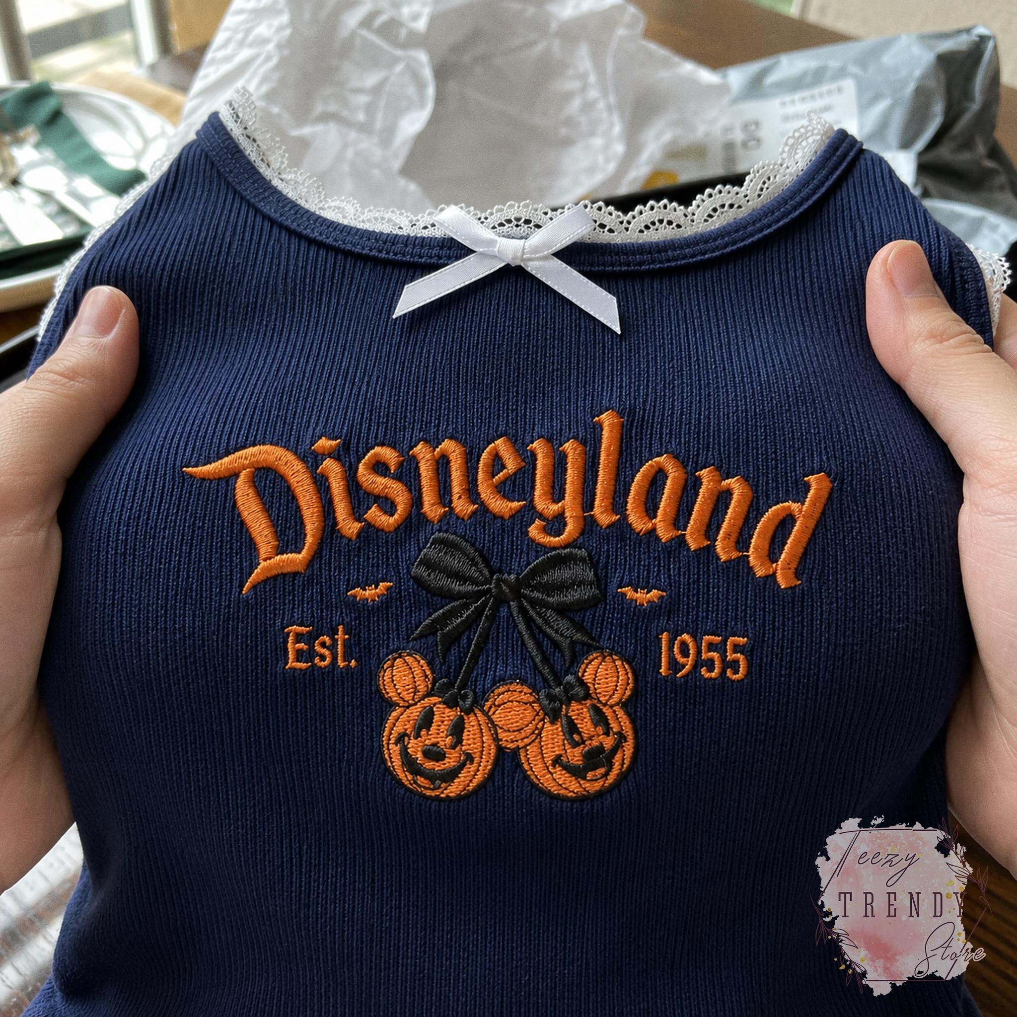 Embroidered Coquette Bow Mickey Minnie Pumpkin Disney Halloween Lace Trim Tank Top – Women's Baby Tank for WDW Disneyland Embroidery - photo 12