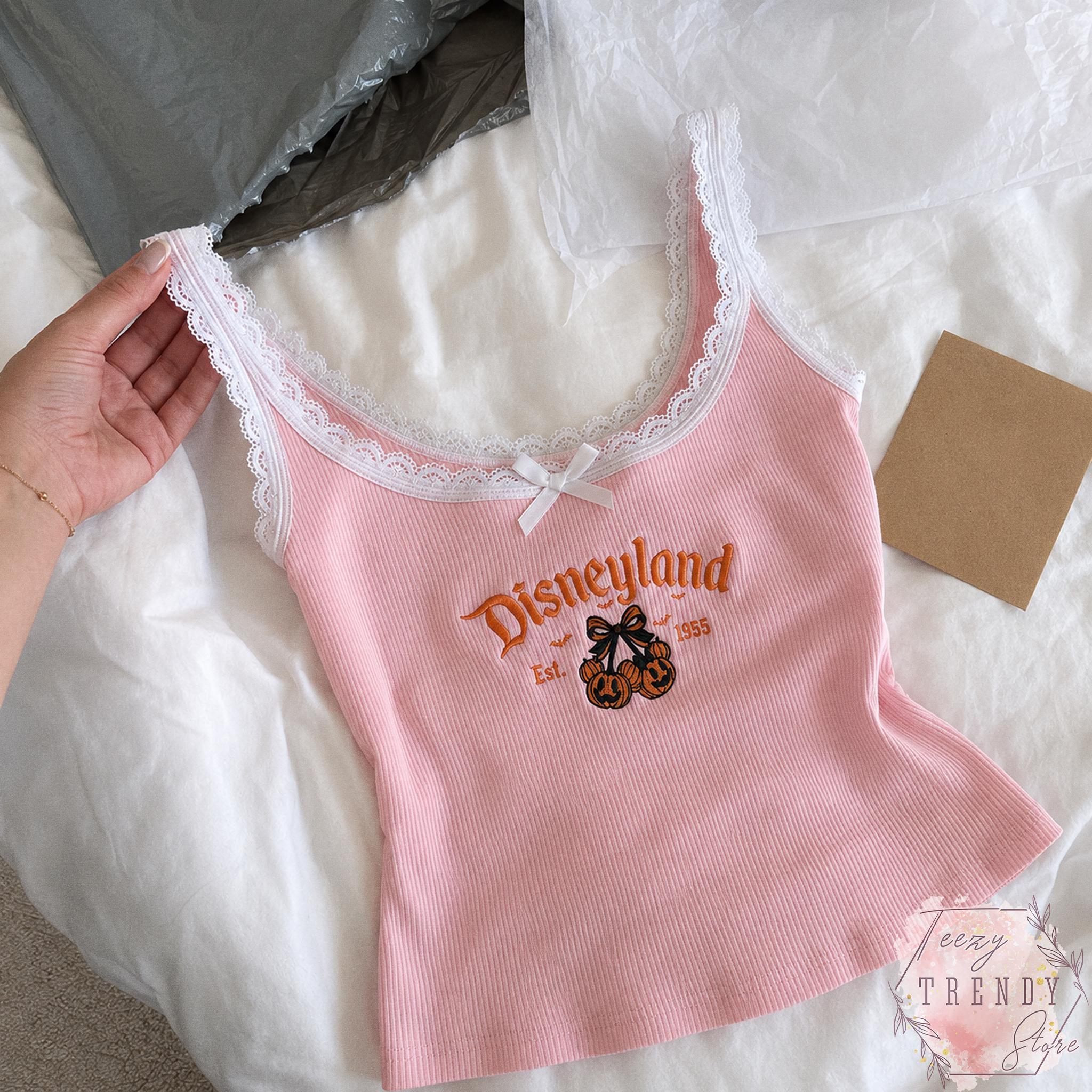 Embroidered Coquette Bow Mickey Minnie Pumpkin Disney Halloween Lace Trim Tank Top – Women's Baby Tank for WDW Disneyland Embroidery - photo 13
