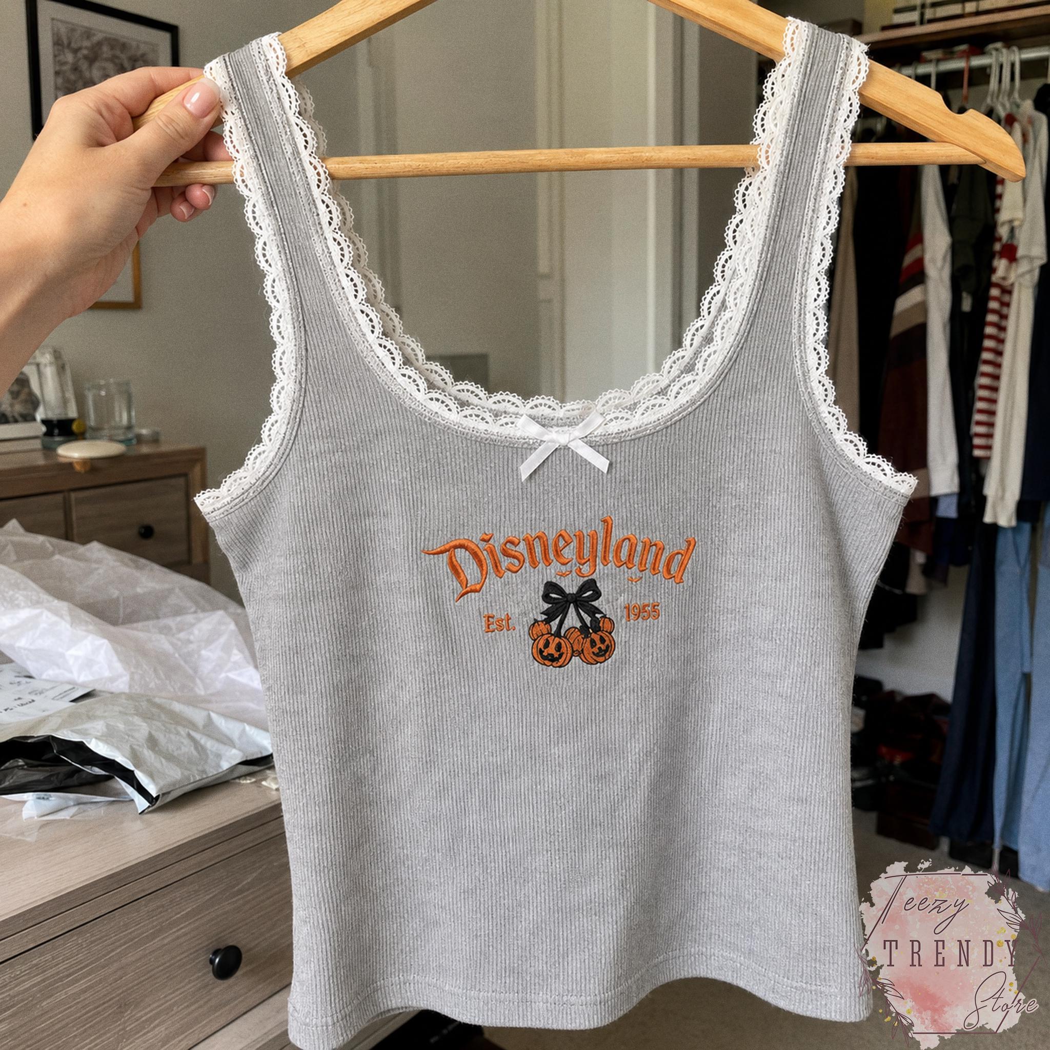 Embroidered Coquette Bow Mickey Minnie Pumpkin Disney Halloween Lace Trim Tank Top – Women's Baby Tank for WDW Disneyland Embroidery - photo 14