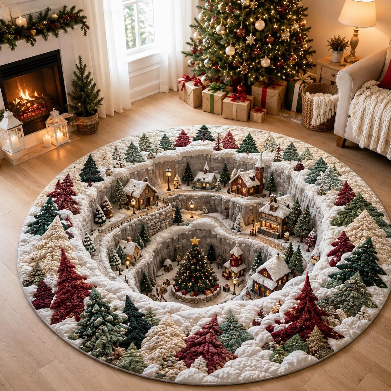 Christmas Village Round Rug with 3D Illusion Snowy Winter Village Floor Mat for Cozy Holiday Home Decor