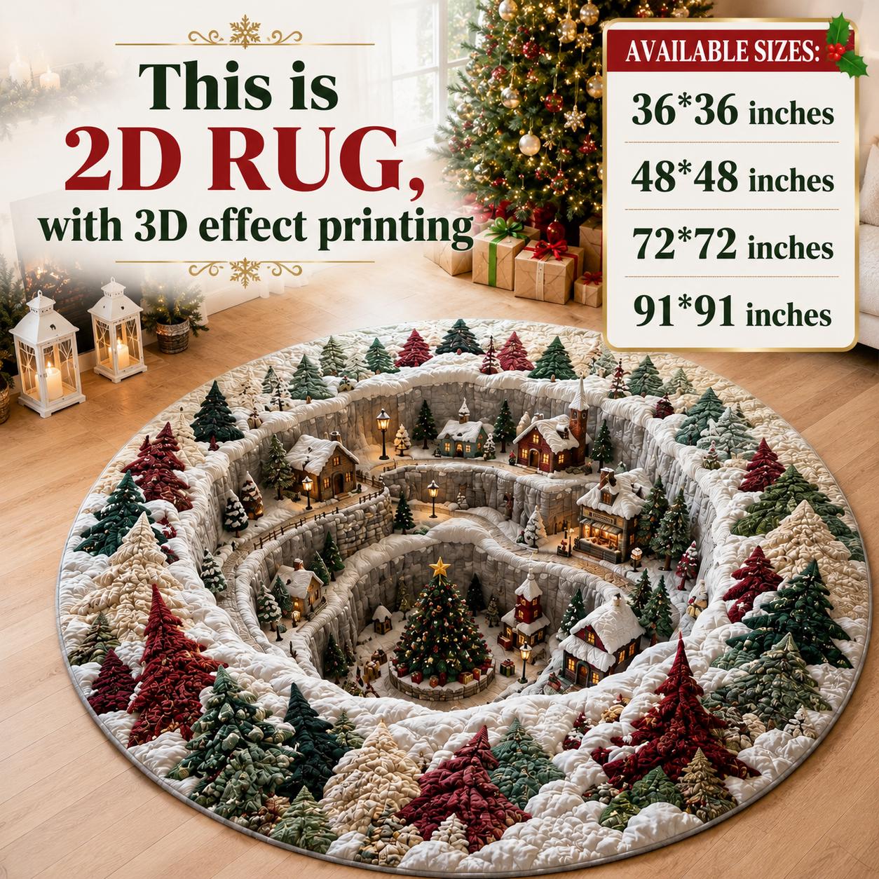 Christmas Village Round Rug with 3D Illusion Snowy Winter Village Floor Mat for Cozy Holiday Home Decor - photo 2