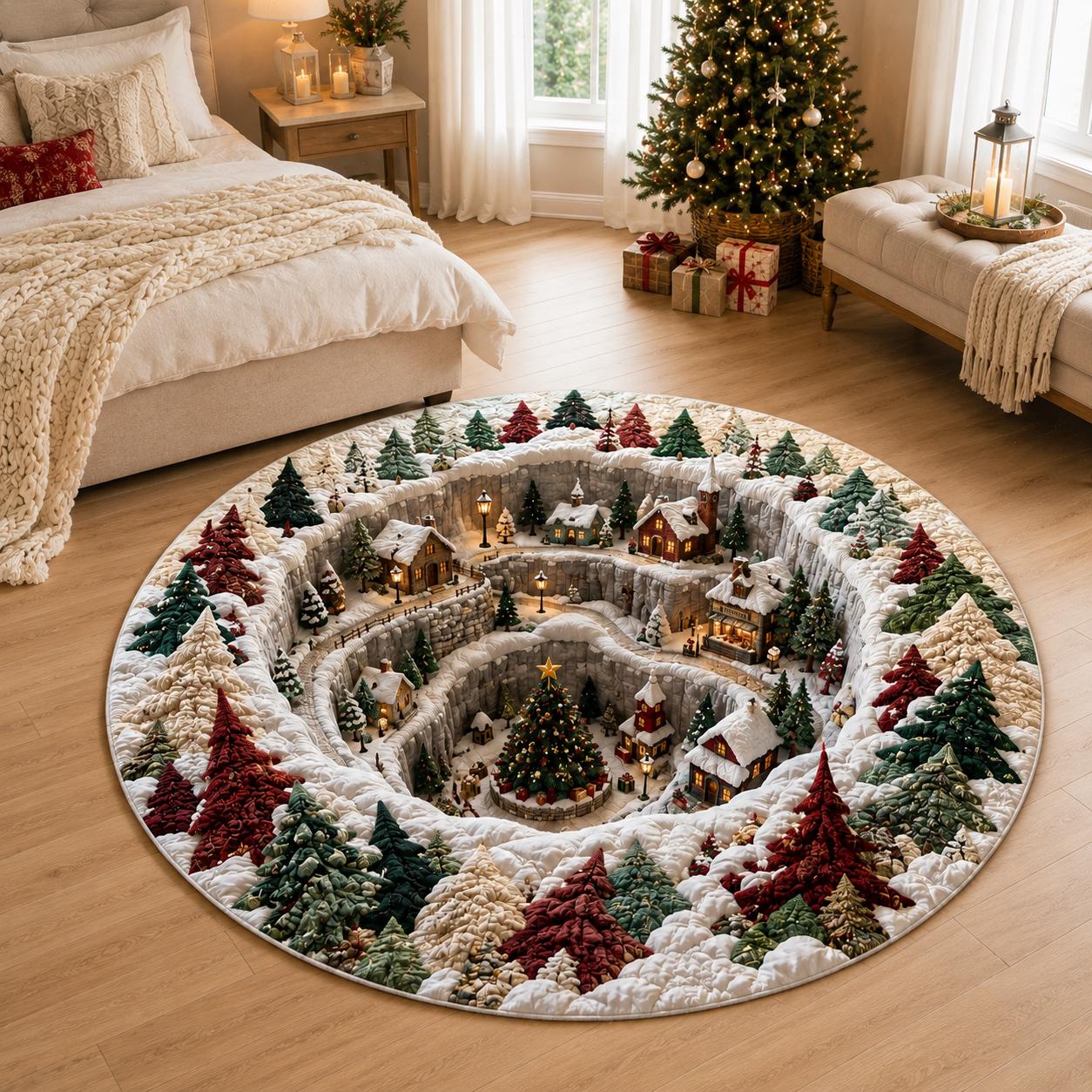 Christmas Village Round Rug with 3D Illusion Snowy Winter Village Floor Mat for Cozy Holiday Home Decor - photo 3