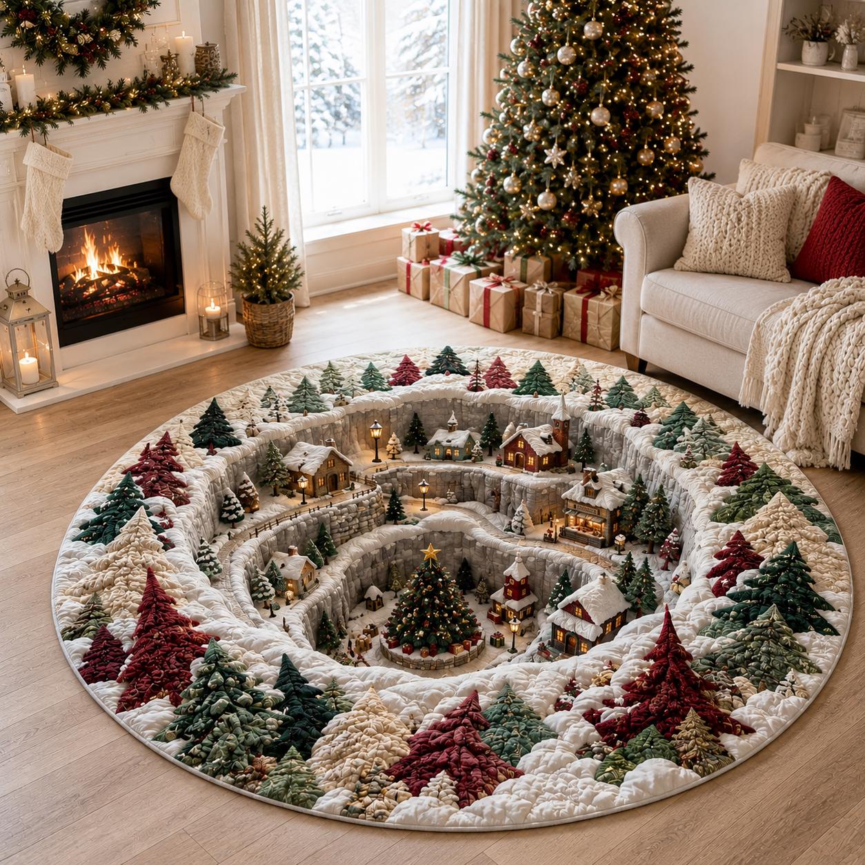 Christmas Village Round Rug with 3D Illusion Snowy Winter Village Floor Mat for Cozy Holiday Home Decor - photo 4