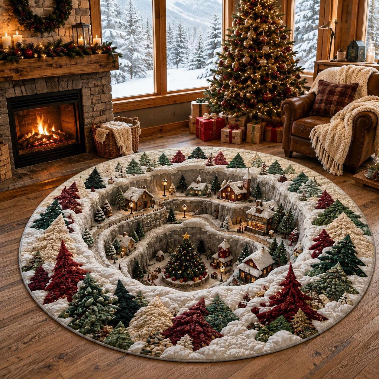 Christmas Village Round Rug with 3D Illusion Snowy Winter Village Floor Mat for Cozy Holiday Home Decor - photo 5