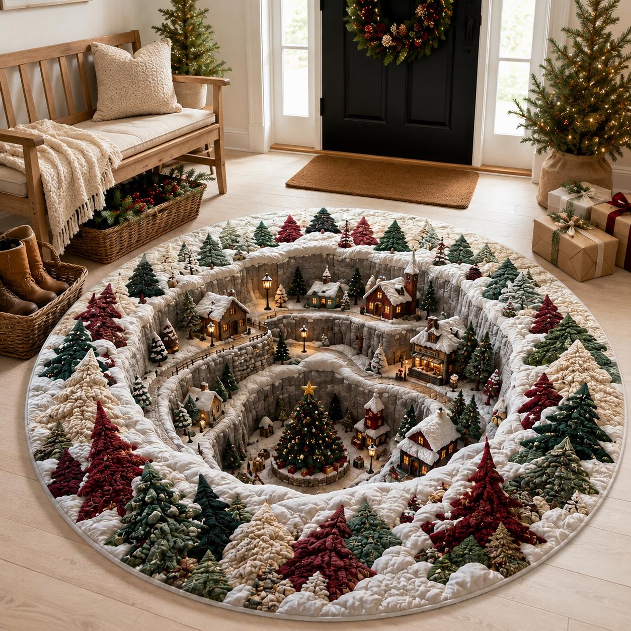 Christmas Village Round Rug with 3D Illusion Snowy Winter Village Floor Mat for Cozy Holiday Home Decor - photo 6