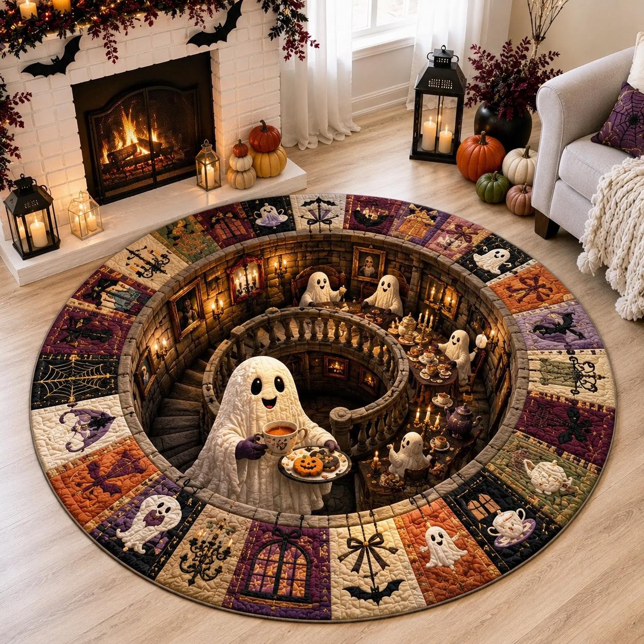 Ghost Halloween Round Rug with 3D Illusion Haunted House Cute Spooky Floor Mat for Kids Room Decor and Lover Gift
