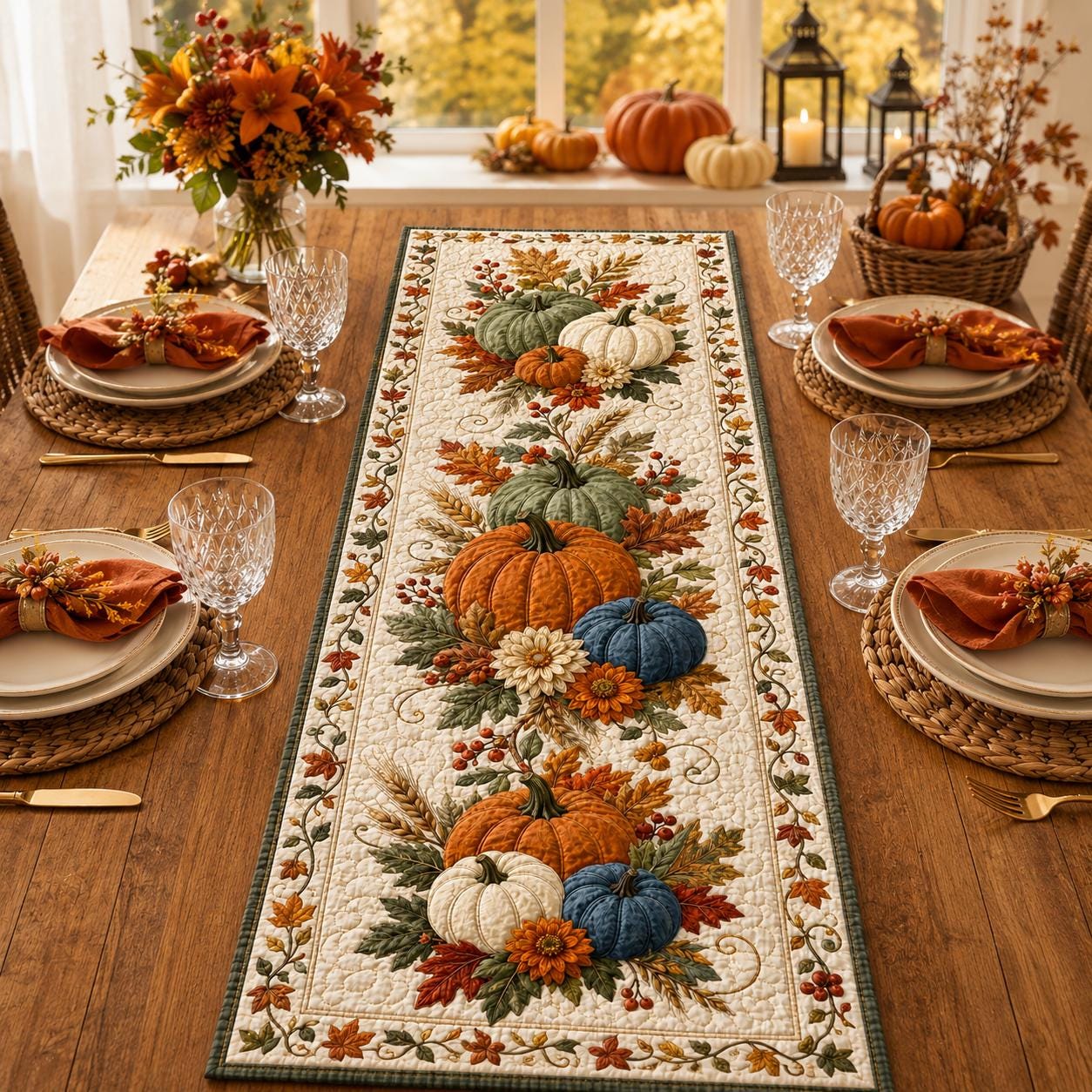 Fall Pumpkin Table Runner with Quilt Style for Autumn Harvest Thanksgiving Farmhouse Dining Centerpiece and Kitchen Decor