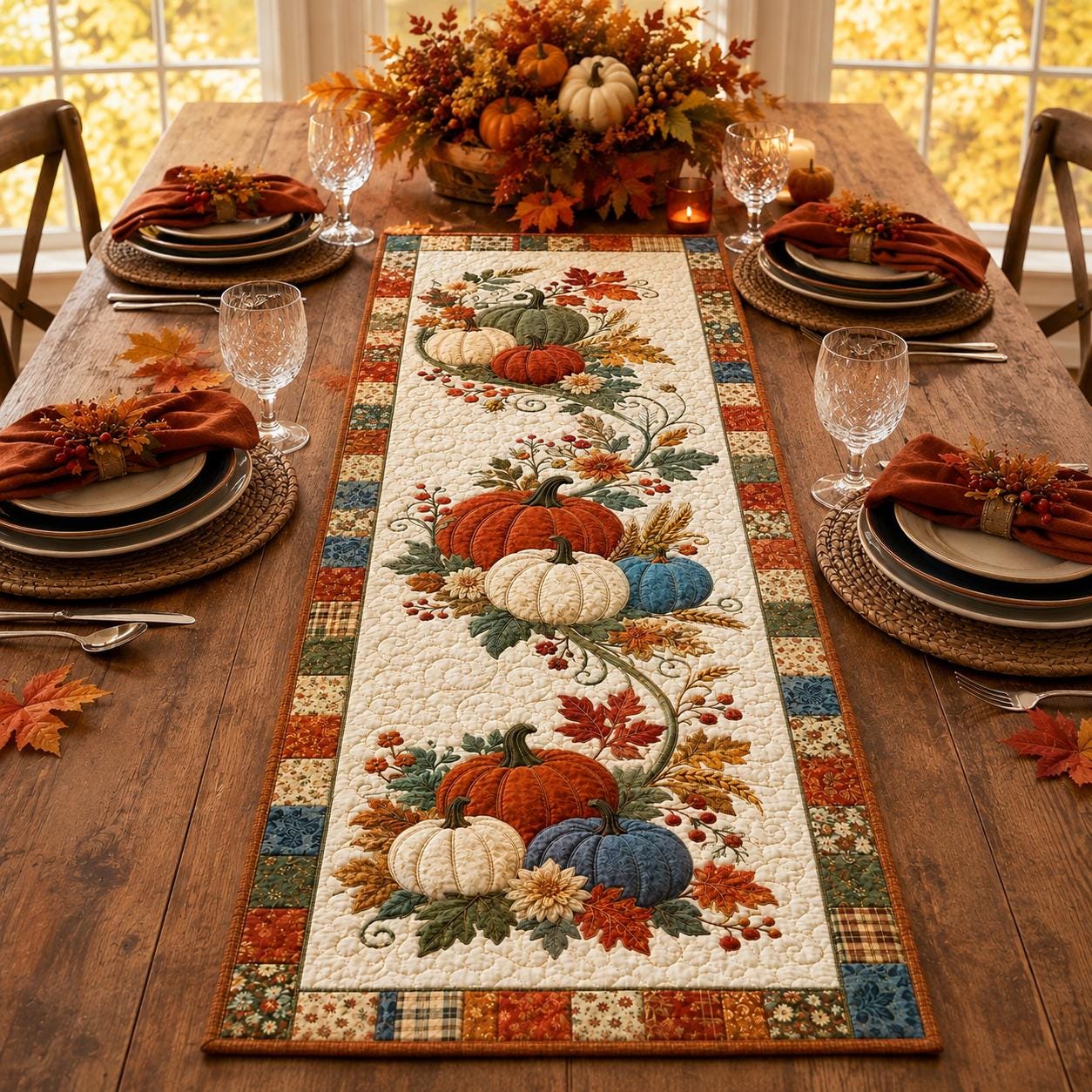 Fall Pumpkin Table Runner with Quilt Style for Autumn Harvest Thanksgiving Farmhouse Dining Centerpiece and Kitchen Decor - photo 4