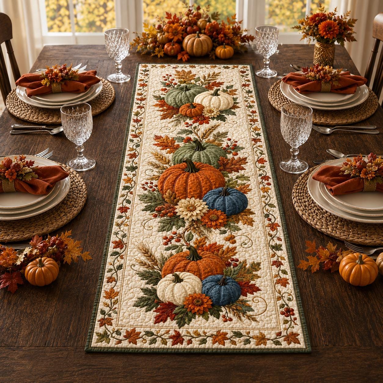 Fall Pumpkin Table Runner with Quilt Style for Autumn Harvest Thanksgiving Farmhouse Dining Centerpiece and Kitchen Decor - photo 5