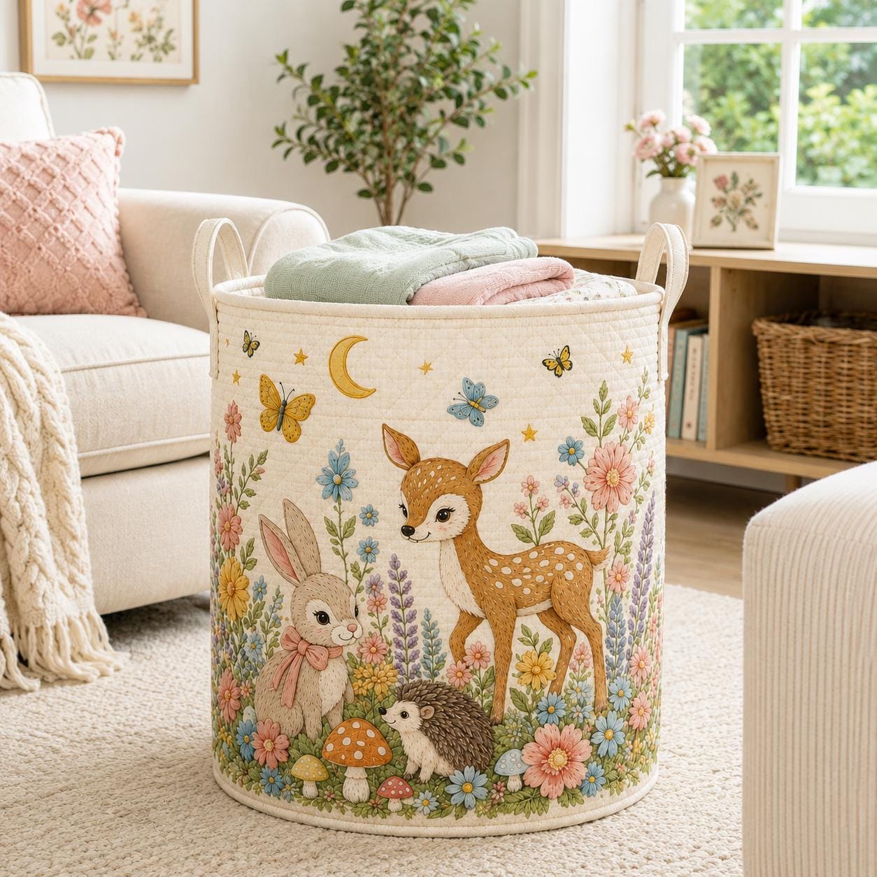 Woodland Laundry Basket with Quilted Style for Deer Bunny Hedgehog Floral Storage Hamper and Cottagecore Laundry Bin