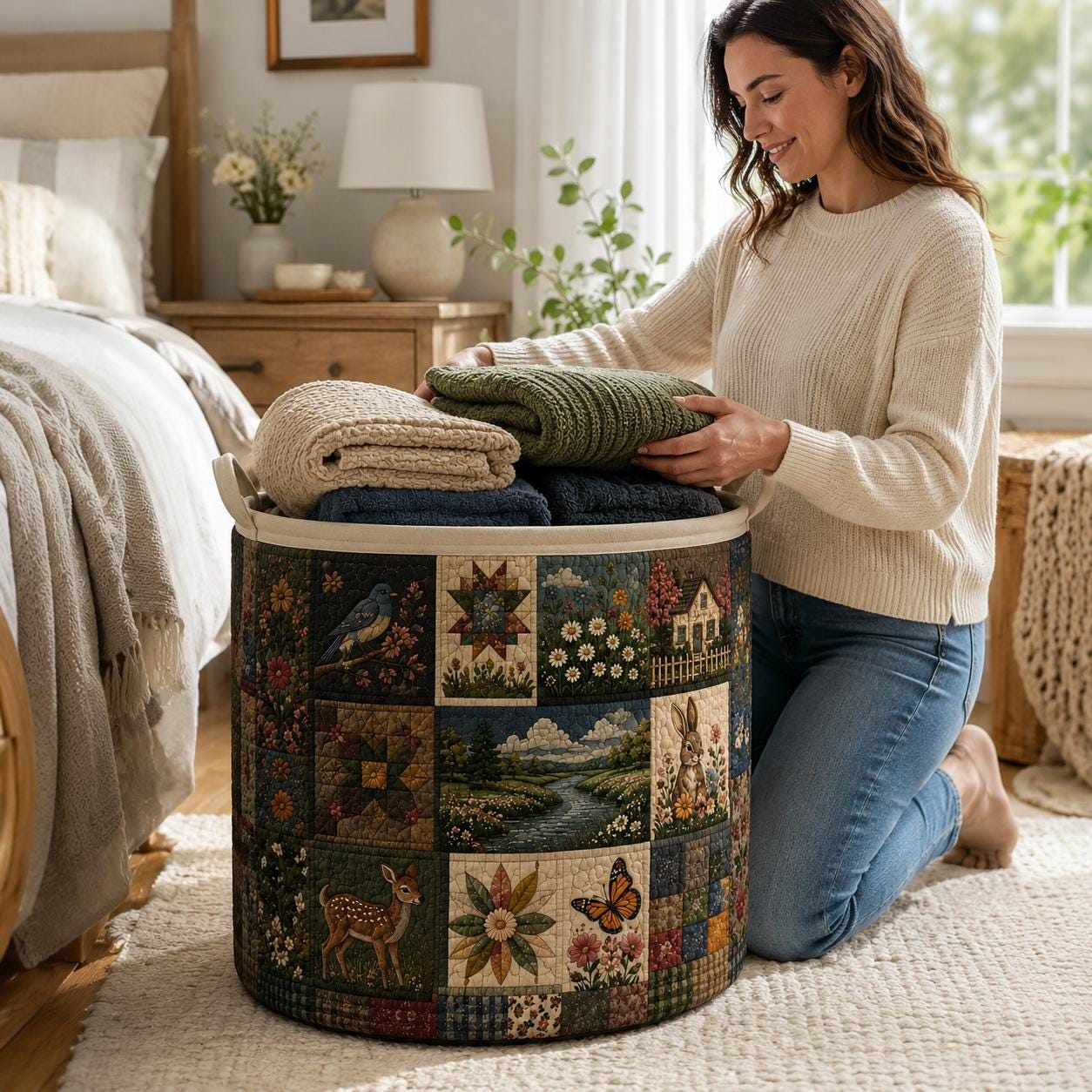 Rustic Woodland Laundry Basket with Quilted Style for Forest Animal Storage Bin and Large Foldable Hamper - photo 4
