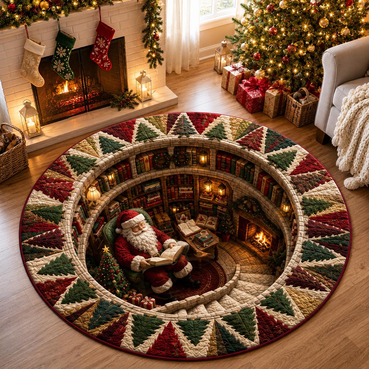 Santa Claus Christmas Round Rug with 3D Illusion Library Floor Mat for Cozy Reading Nook Holiday Home Decor