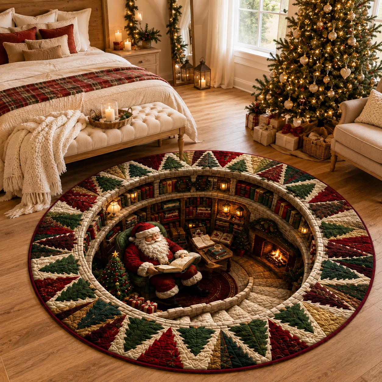 Santa Claus Christmas Round Rug with 3D Illusion Library Floor Mat for Cozy Reading Nook Holiday Home Decor - photo 2