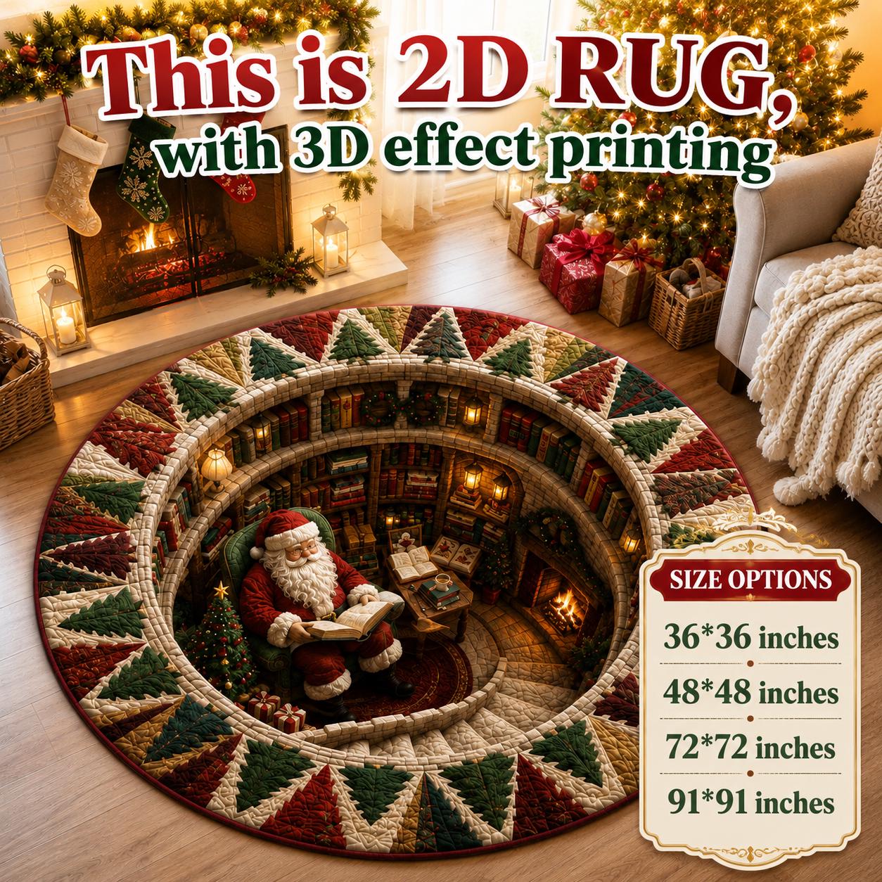 Santa Claus Christmas Round Rug with 3D Illusion Library Floor Mat for Cozy Reading Nook Holiday Home Decor - photo 3
