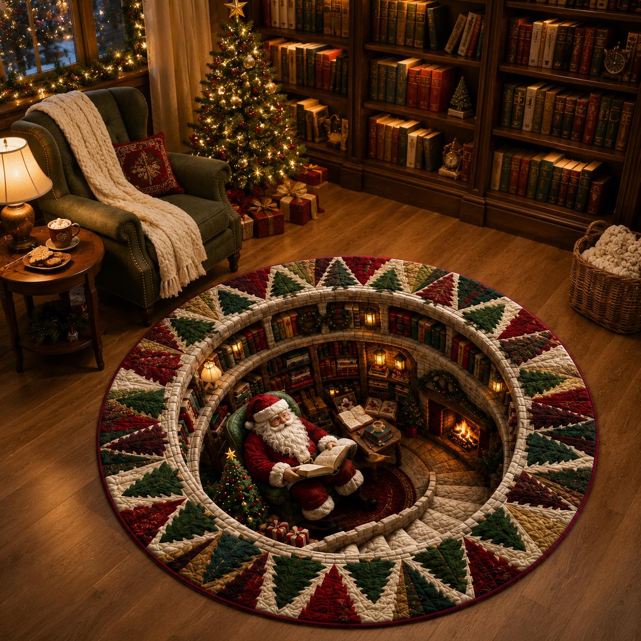 Santa Claus Christmas Round Rug with 3D Illusion Library Floor Mat for Cozy Reading Nook Holiday Home Decor - photo 4