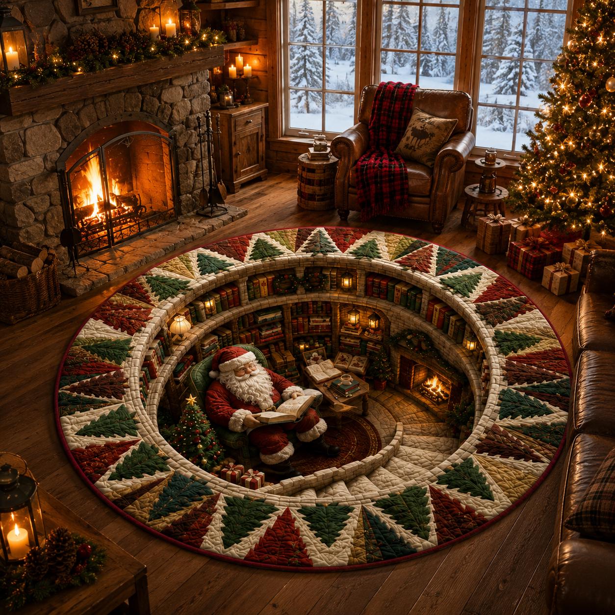 Santa Claus Christmas Round Rug with 3D Illusion Library Floor Mat for Cozy Reading Nook Holiday Home Decor - photo 5
