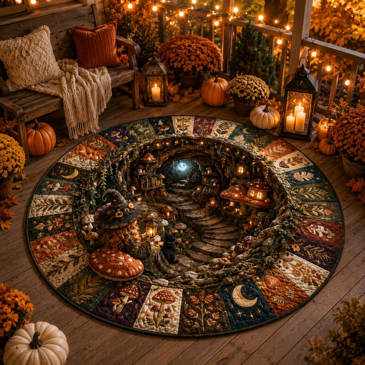 Witch Halloween Round Rug – 3D Illusion Mushroom Cottage Floor Mat and Black Cat Forest Rug for Cozy Spooky Cottagecore Home Decor