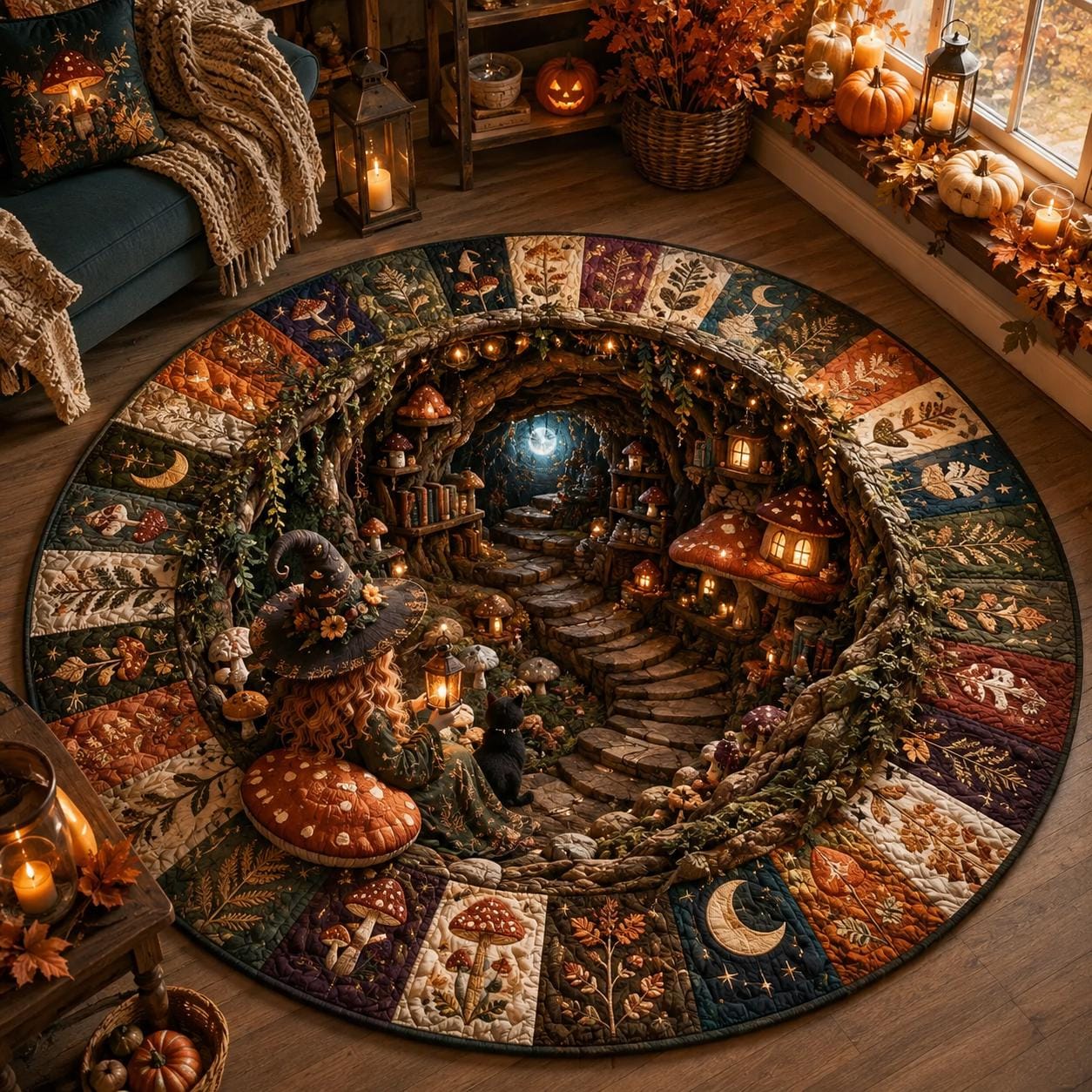 Witch Halloween Round Rug – 3D Illusion Mushroom Cottage Floor Mat and Black Cat Forest Rug for Cozy Spooky Cottagecore Home Decor - photo 2