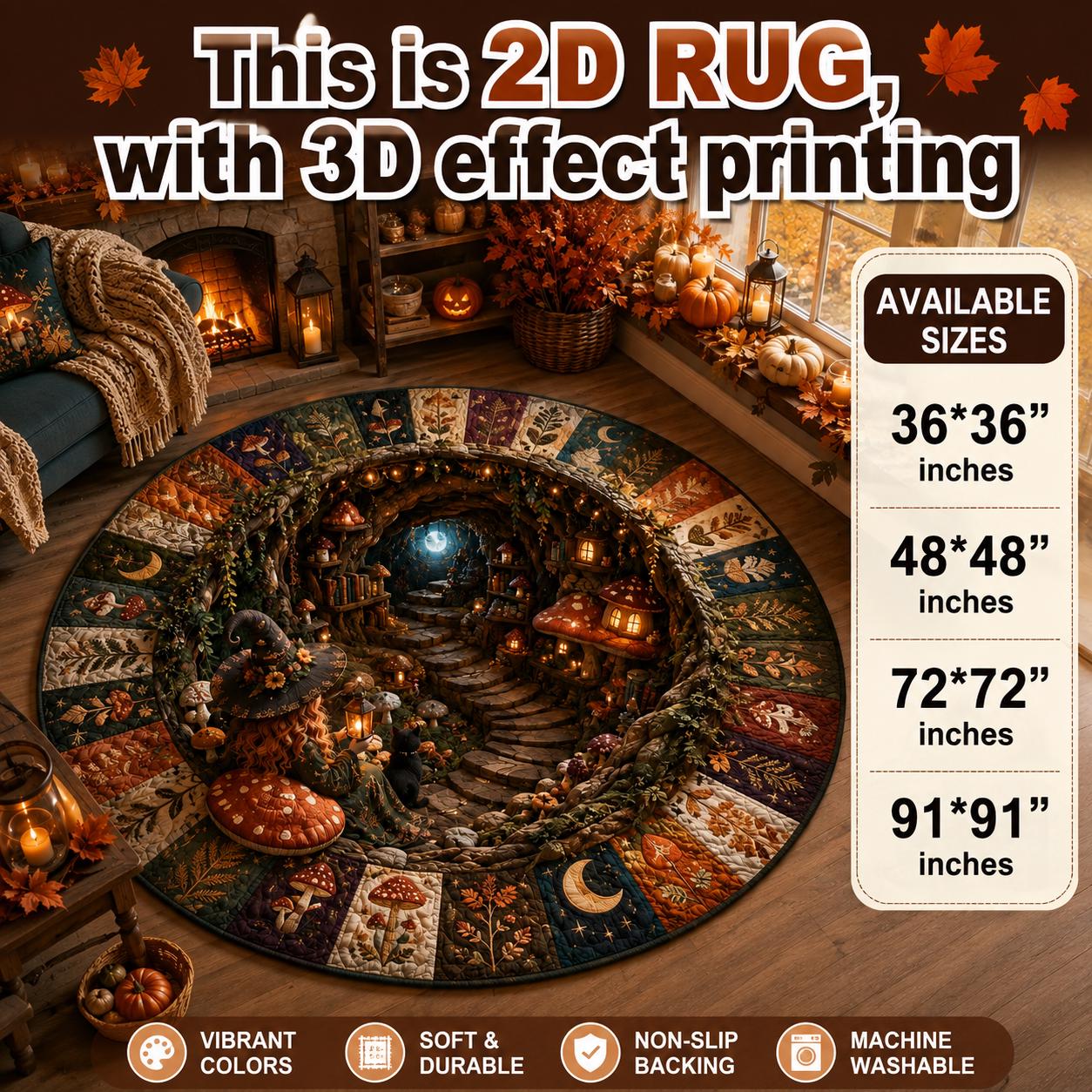 Witch Halloween Round Rug – 3D Illusion Mushroom Cottage Floor Mat and Black Cat Forest Rug for Cozy Spooky Cottagecore Home Decor - photo 3