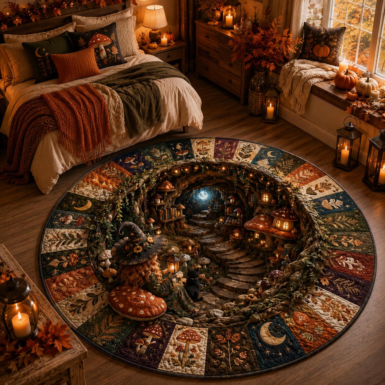 Witch Halloween Round Rug – 3D Illusion Mushroom Cottage Floor Mat and Black Cat Forest Rug for Cozy Spooky Cottagecore Home Decor - photo 4