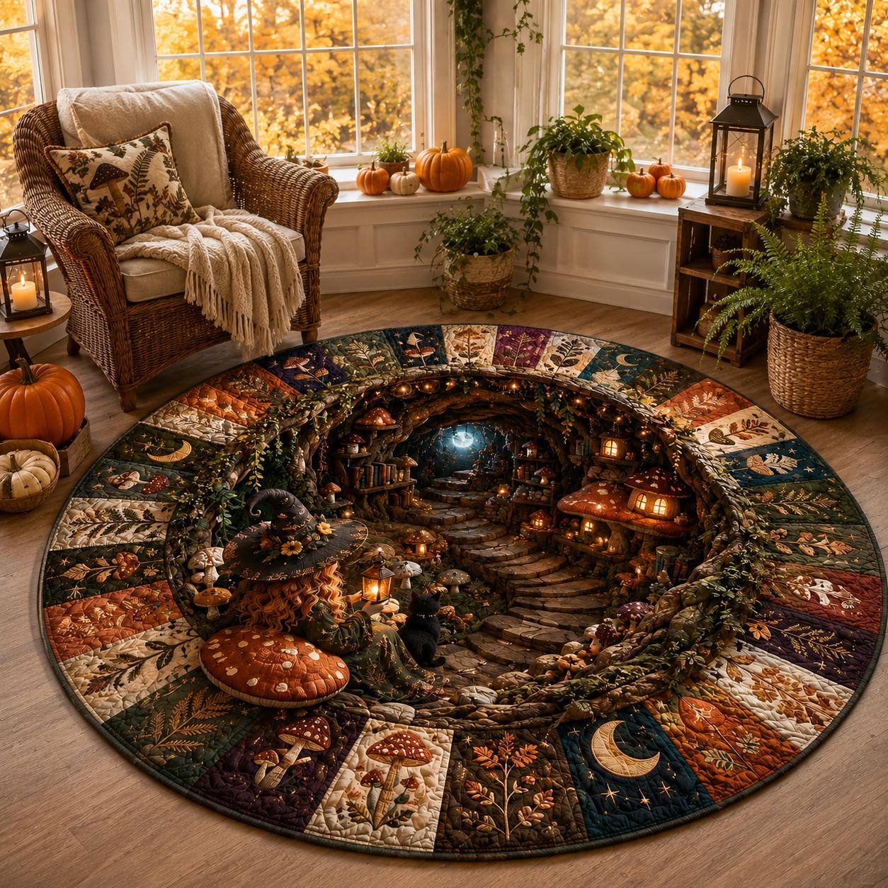 Witch Halloween Round Rug – 3D Illusion Mushroom Cottage Floor Mat and Black Cat Forest Rug for Cozy Spooky Cottagecore Home Decor - photo 5