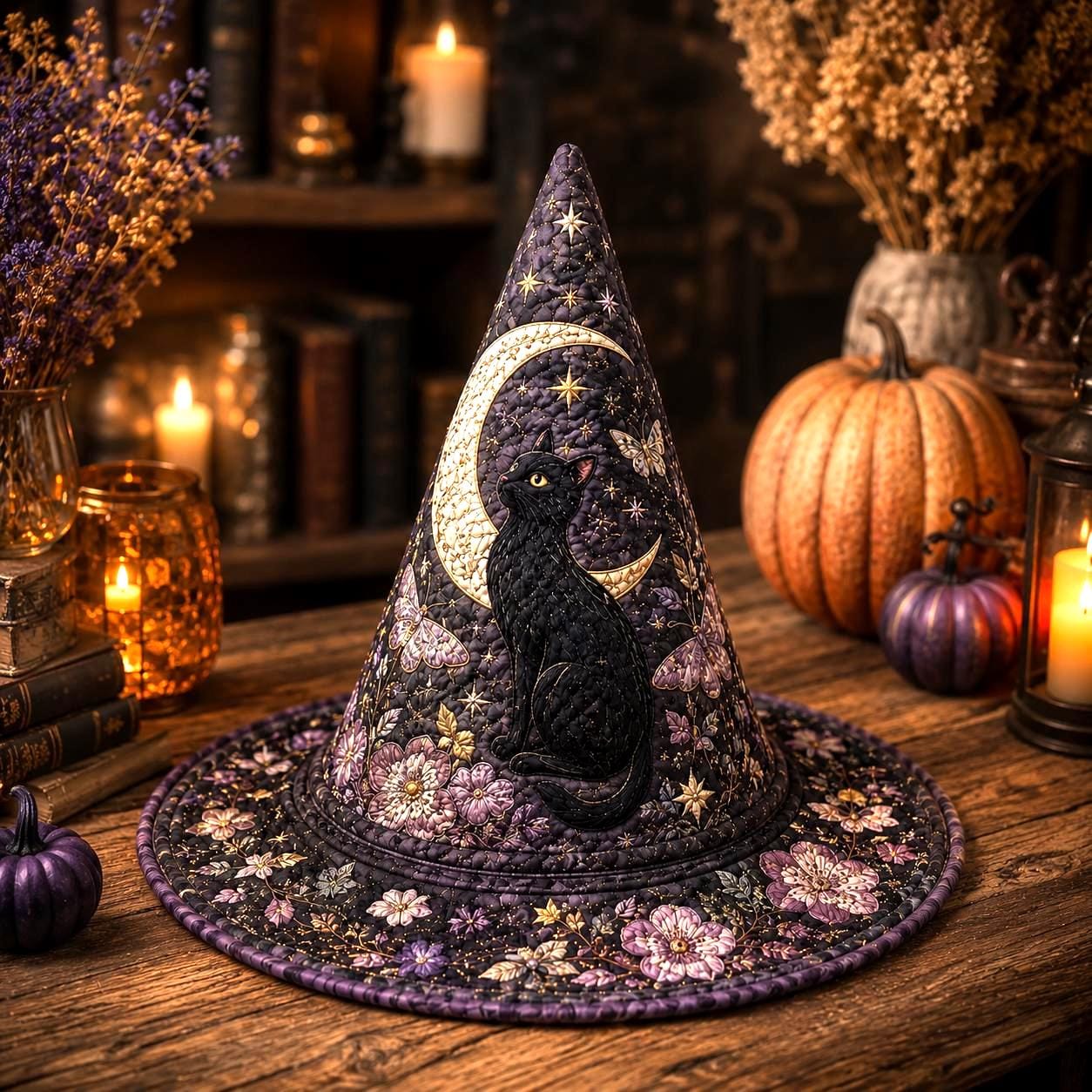 Quilted Style Black Cat Witch Hat Decor – Crescent Moon Halloween Hat and Gothic Floral Witchy Tabletop Decor Celestial Gift