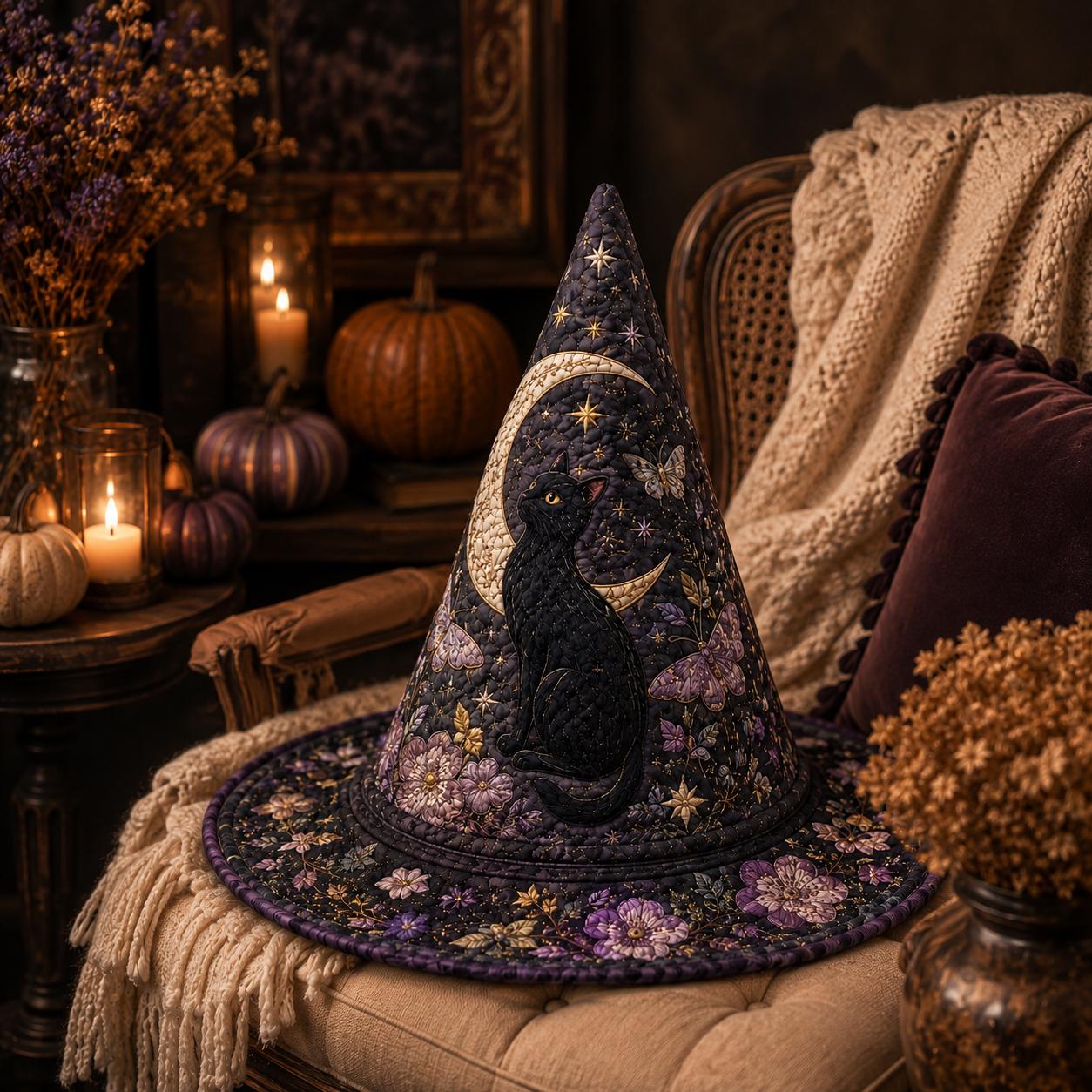 Quilted Style Black Cat Witch Hat Decor – Crescent Moon Halloween Hat and Gothic Floral Witchy Tabletop Decor Celestial Gift - photo 3