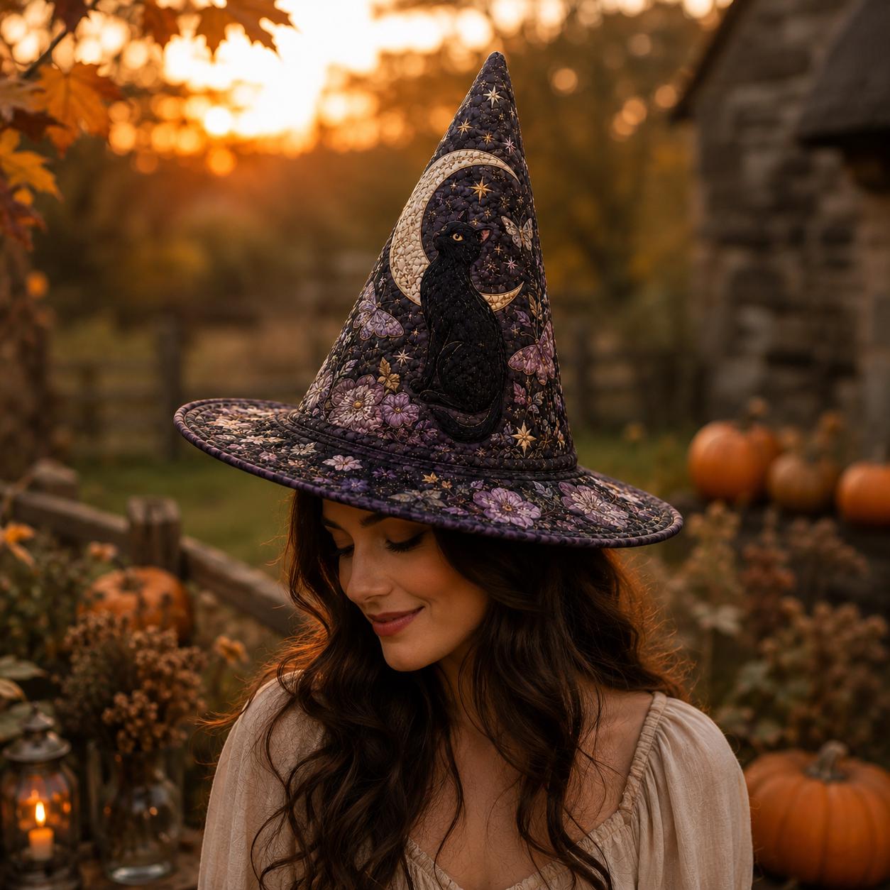 Quilted Style Black Cat Witch Hat Decor – Crescent Moon Halloween Hat and Gothic Floral Witchy Tabletop Decor Celestial Gift - photo 4