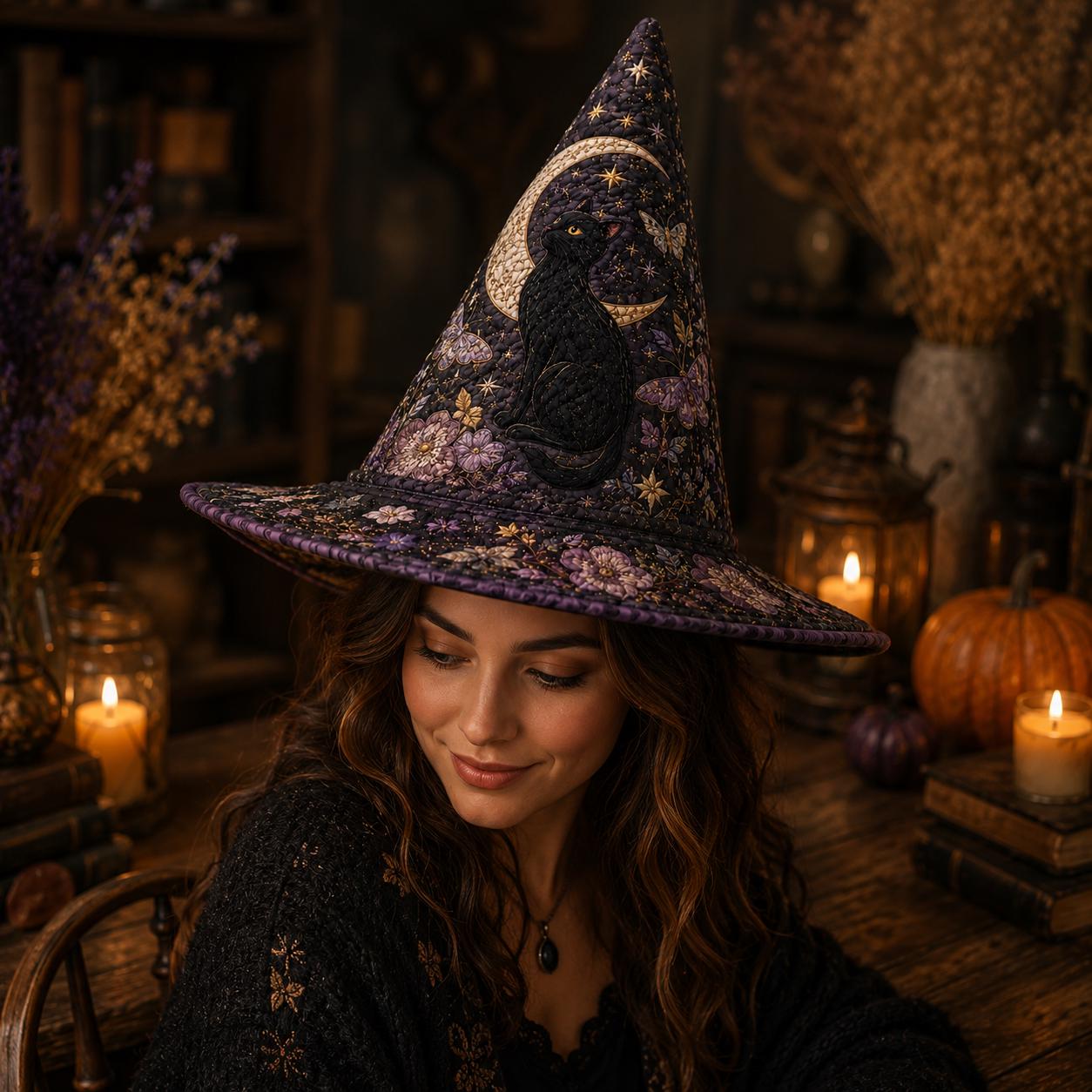 Quilted Style Black Cat Witch Hat Decor – Crescent Moon Halloween Hat and Gothic Floral Witchy Tabletop Decor Celestial Gift - photo 5