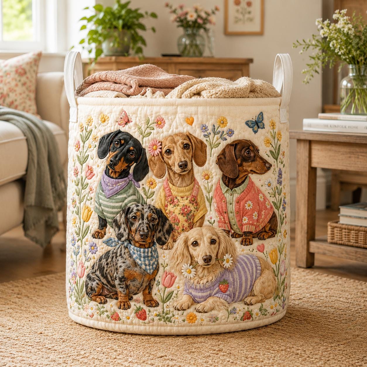 Dachshund Parade Laundry Basket with Quilted Style for Dog Storage Bin and Pet Lover Gift