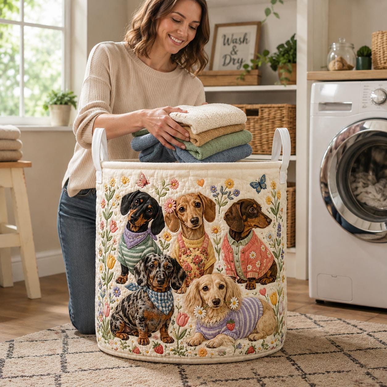 Dachshund Parade Laundry Basket with Quilted Style for Dog Storage Bin and Pet Lover Gift - photo 2
