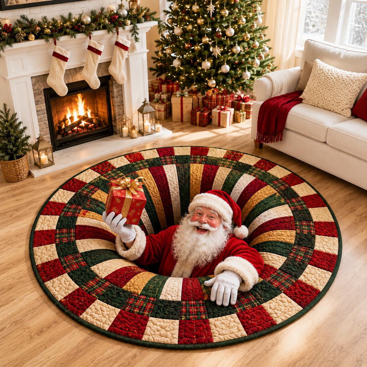 Santa Claus Christmas Round Rug with 3D Illusion Quilted Floor Mat and Funny Gift Design for Festive Holiday Home Decor