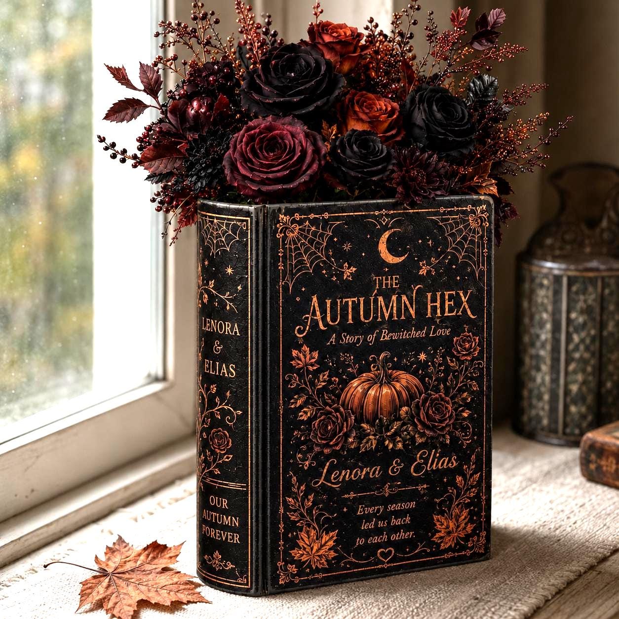 Personalized Book Vase for Gothic Fall Wedding Gift with Autumn Floral Book Decor Custom Couple Names and Halloween Decor