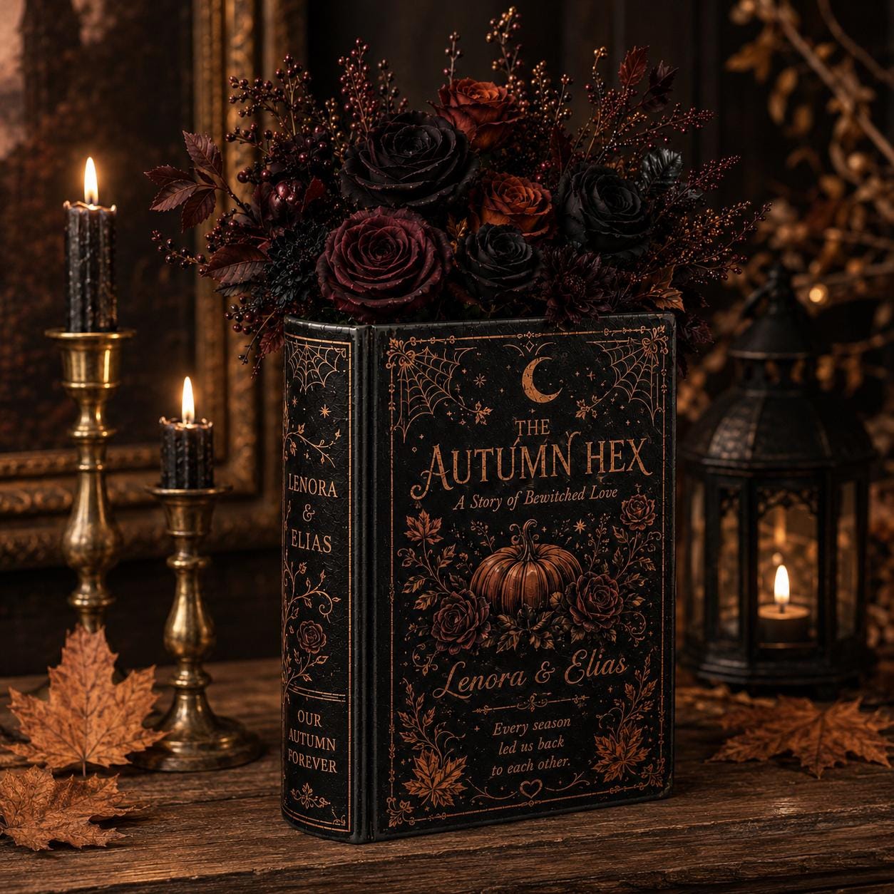 Personalized Book Vase for Gothic Fall Wedding Gift with Autumn Floral Book Decor Custom Couple Names and Halloween Decor - photo 4