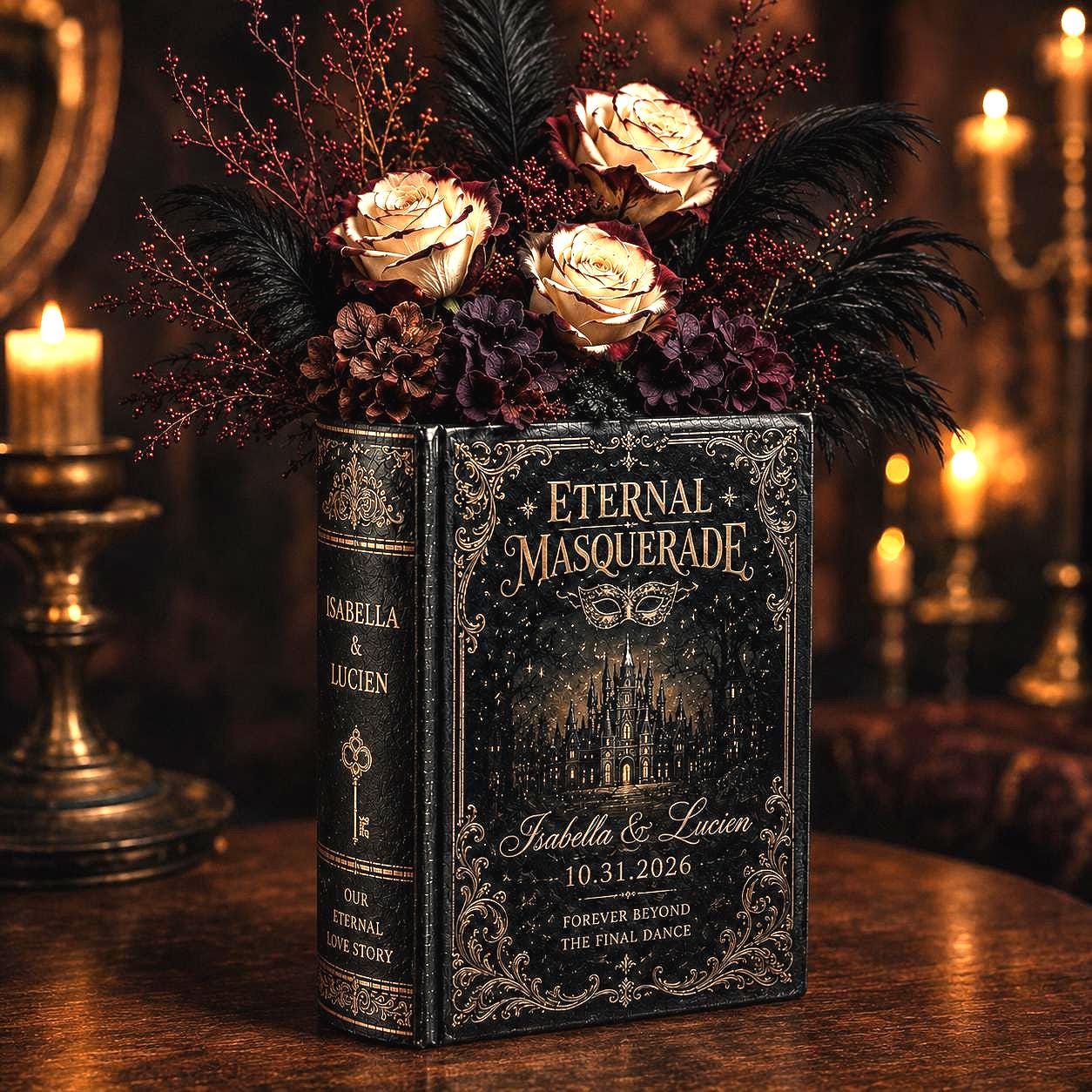 Personalized Gothic Book Vase for Halloween Wedding Gift with Masquerade Decor Custom Couple Names and Dark Romance Floral