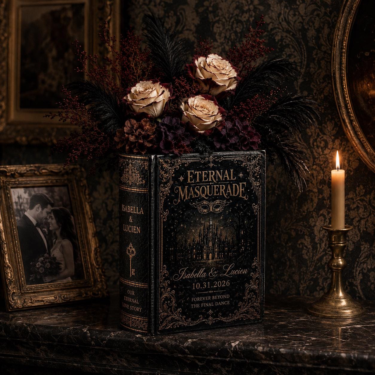 Personalized Gothic Book Vase for Halloween Wedding Gift with Masquerade Decor Custom Couple Names and Dark Romance Floral - photo 4