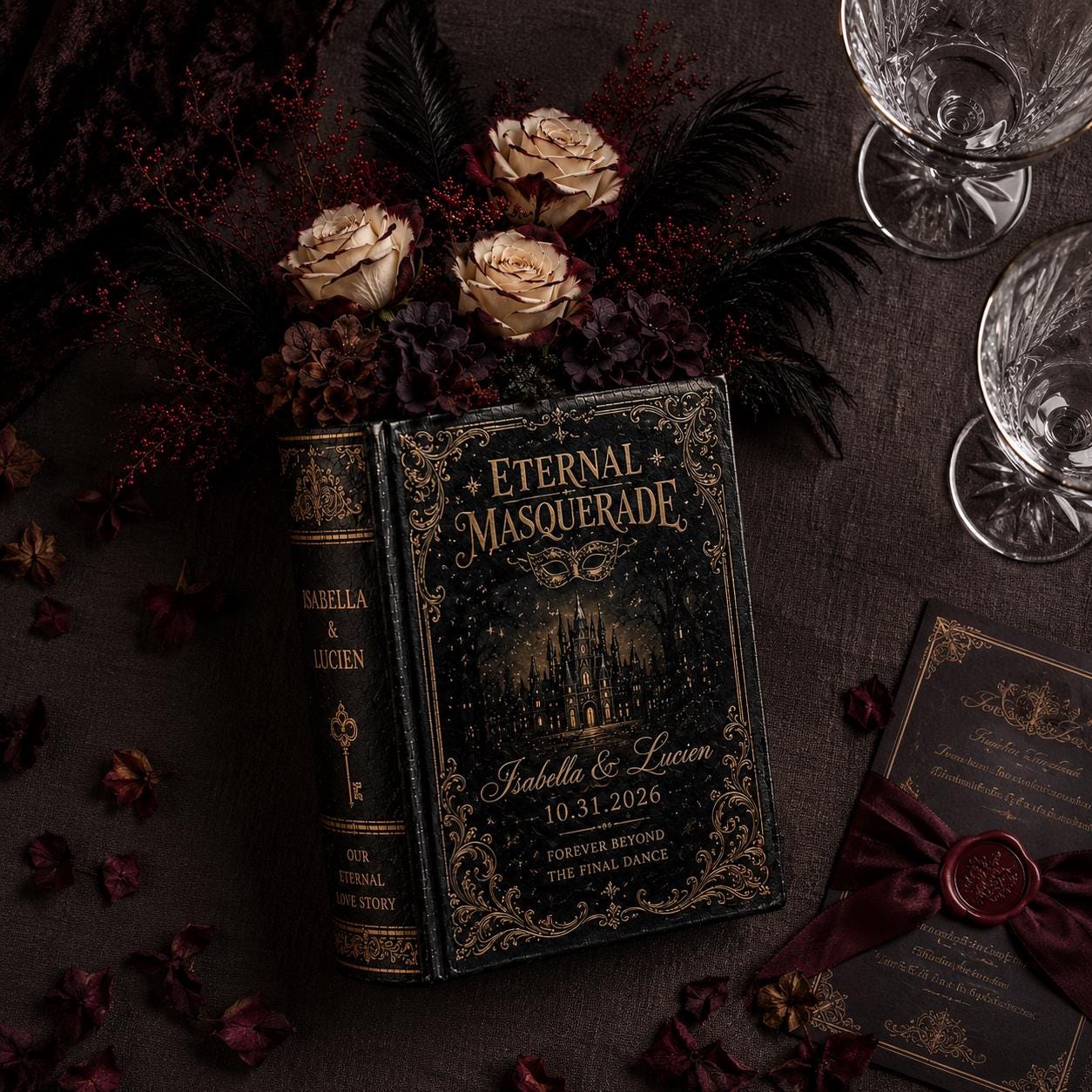 Personalized Gothic Book Vase for Halloween Wedding Gift with Masquerade Decor Custom Couple Names and Dark Romance Floral - photo 6
